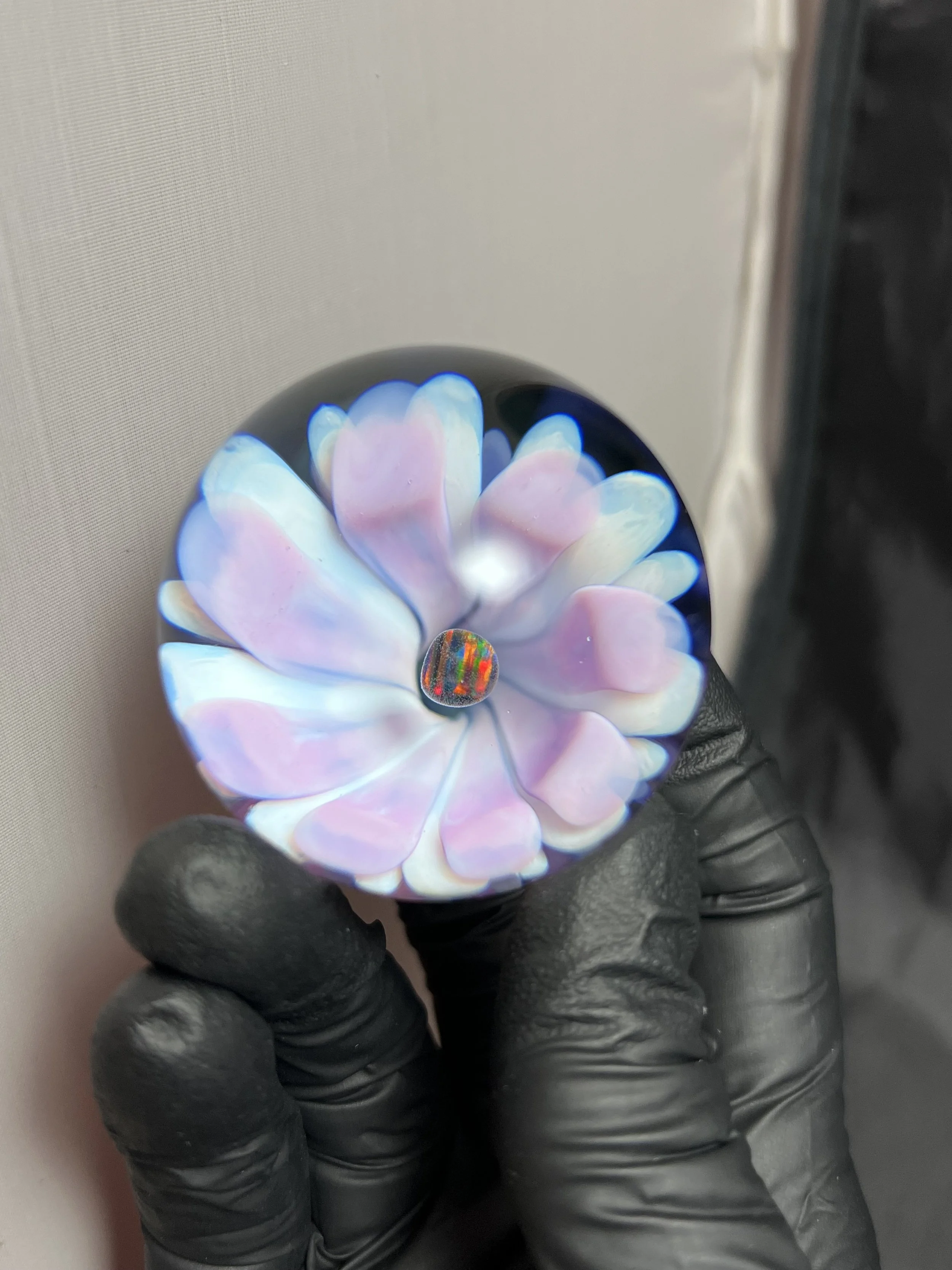 Handmade Opal Eater Glass Flower Marble - Handmade Opal Eater Glass Flower Marble – Pink, White & Blue Implosion (44mm, Includes Stand) 1.75"