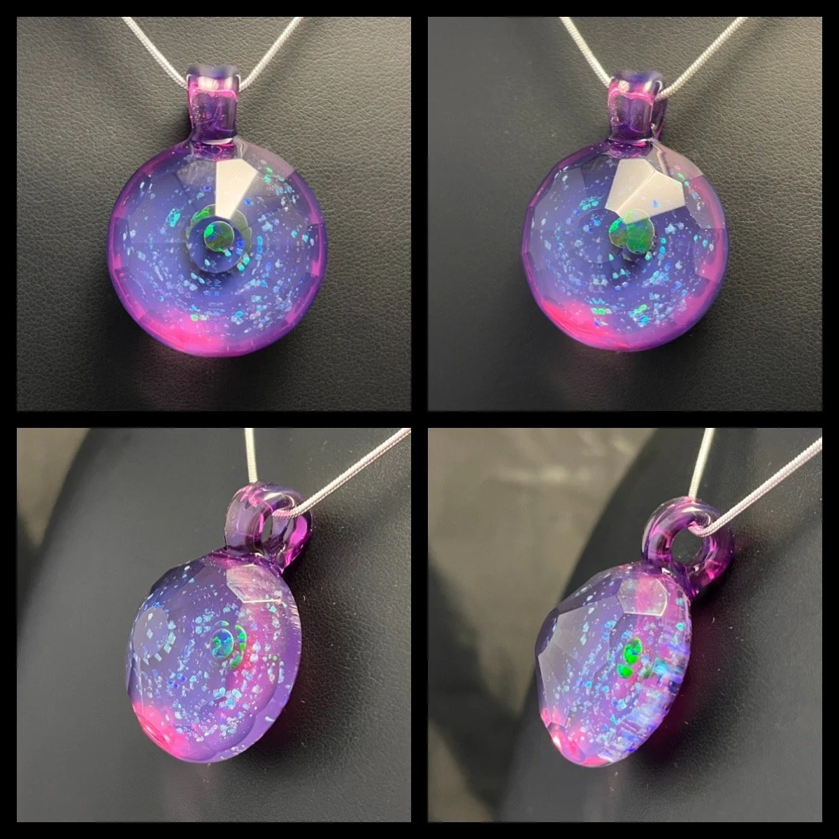 Handmade Faceted Glass Pendant with Crushed Opal and Green Opal Coin on Royal Jelly Purple Glass