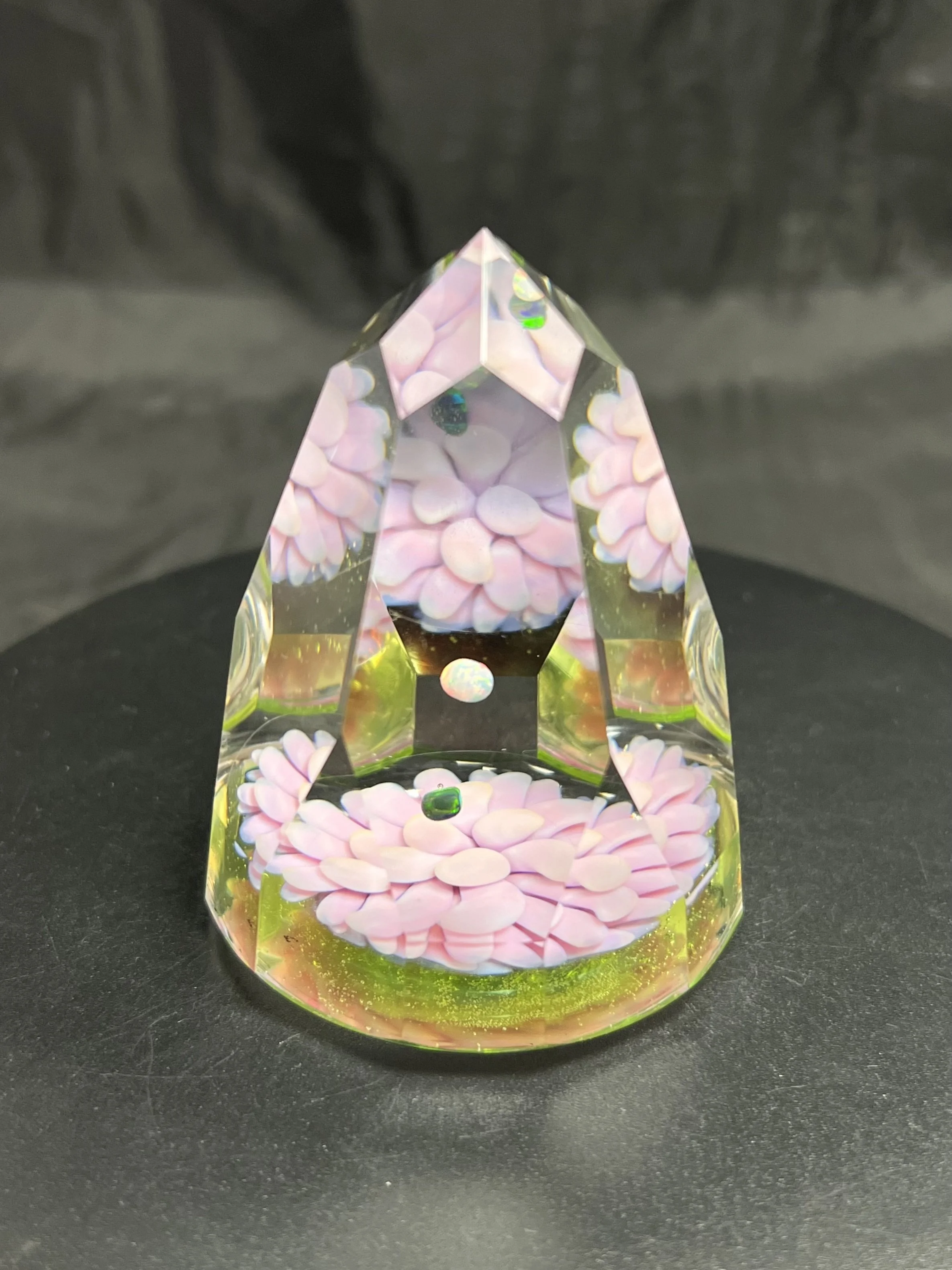 Handmade faceted glass paperweight. Pink flower, 2 tumbled opals, 24 facets