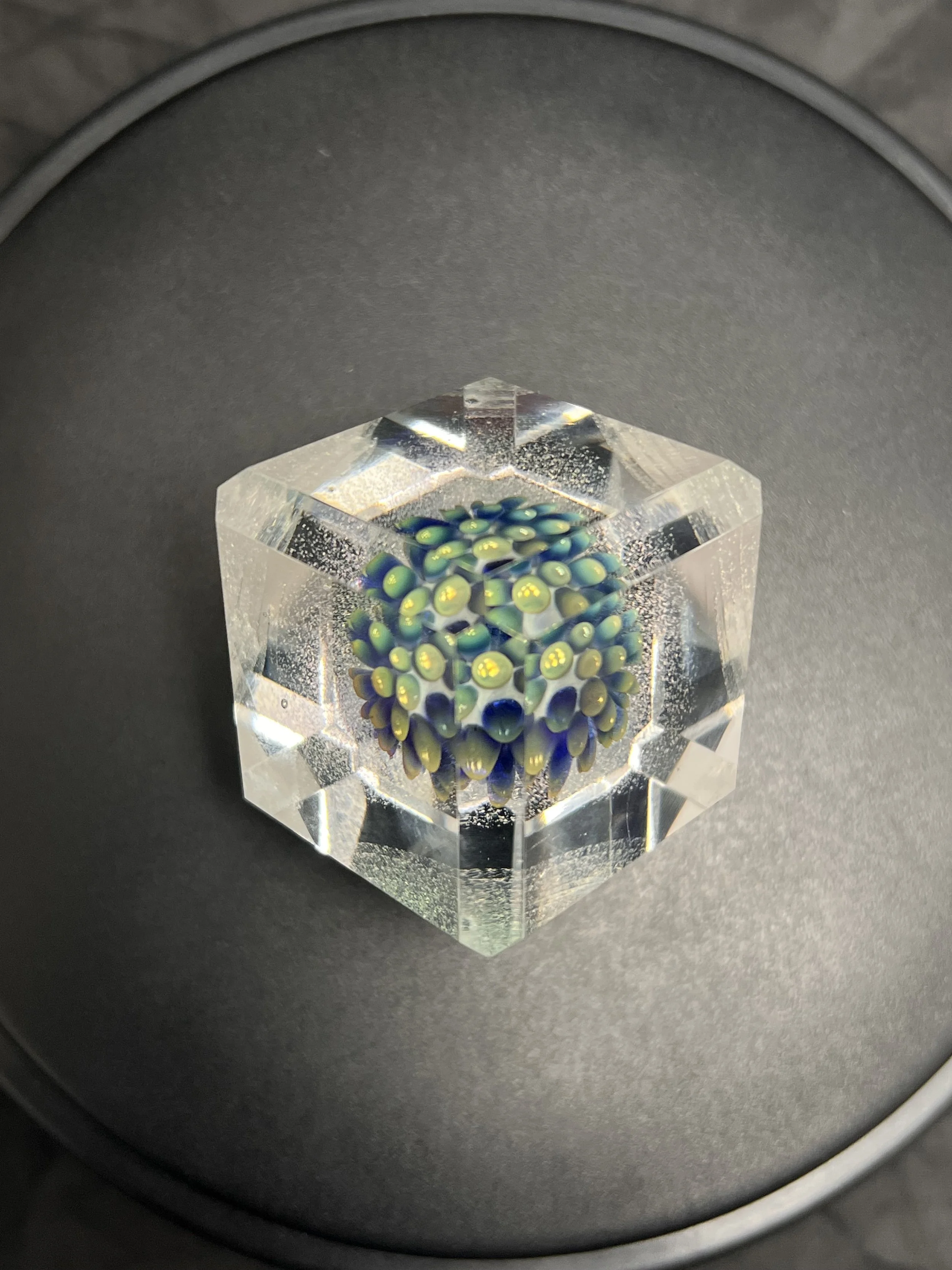 Faceted Glass Cube - Silver and Gold Fumed Glass Flower Implosion on Dichroic Glass