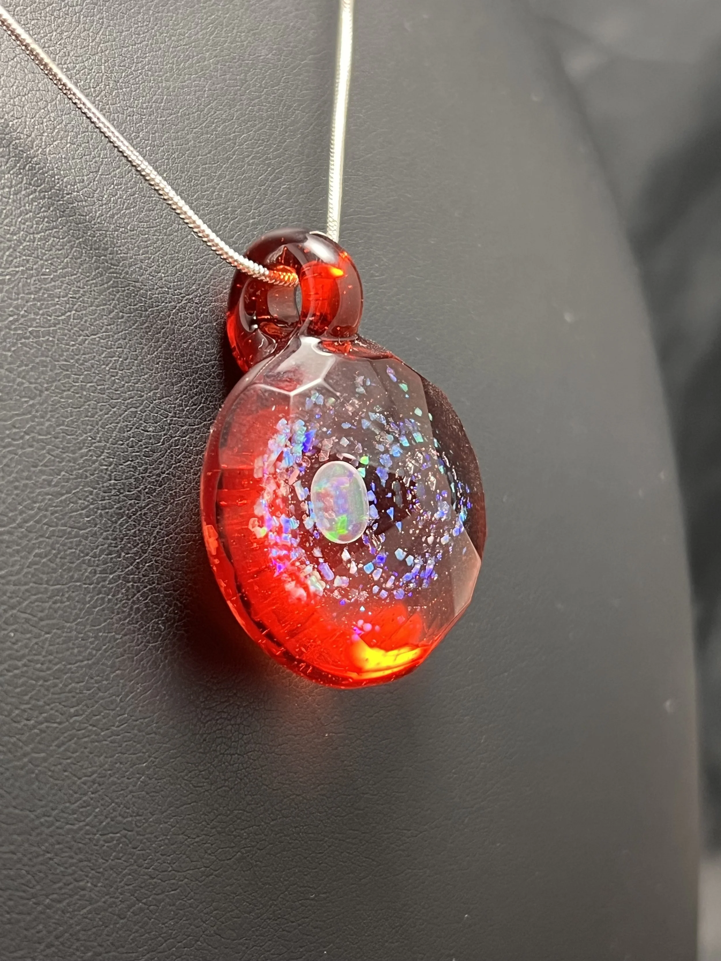 Handmade Faceted Glass Pendant with Crushed Opals and Crystal Opal Coin on Pomegranate Red