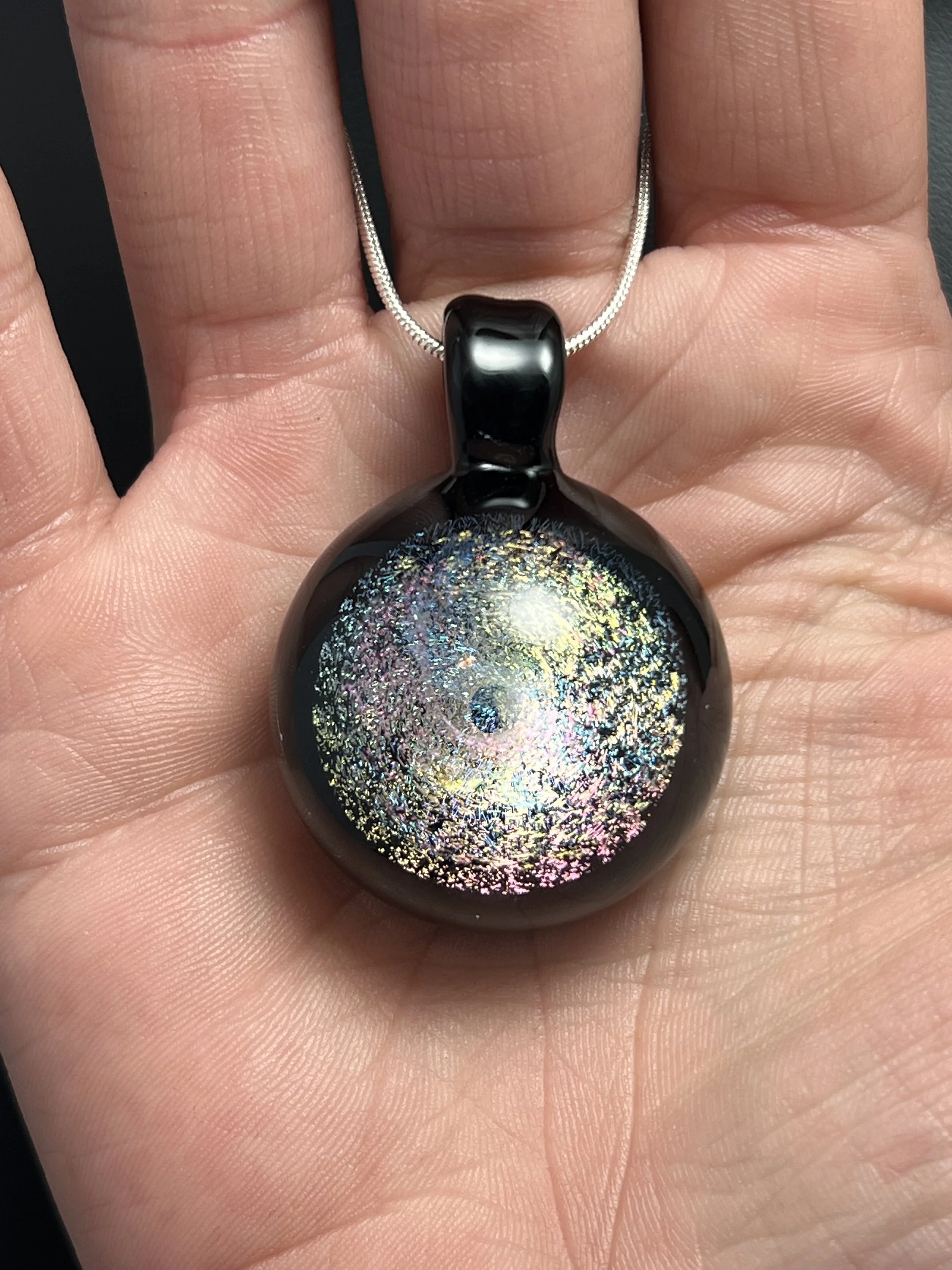 Rainbow Dichroic Glass Pendant on Onyx Black Glass with Chain