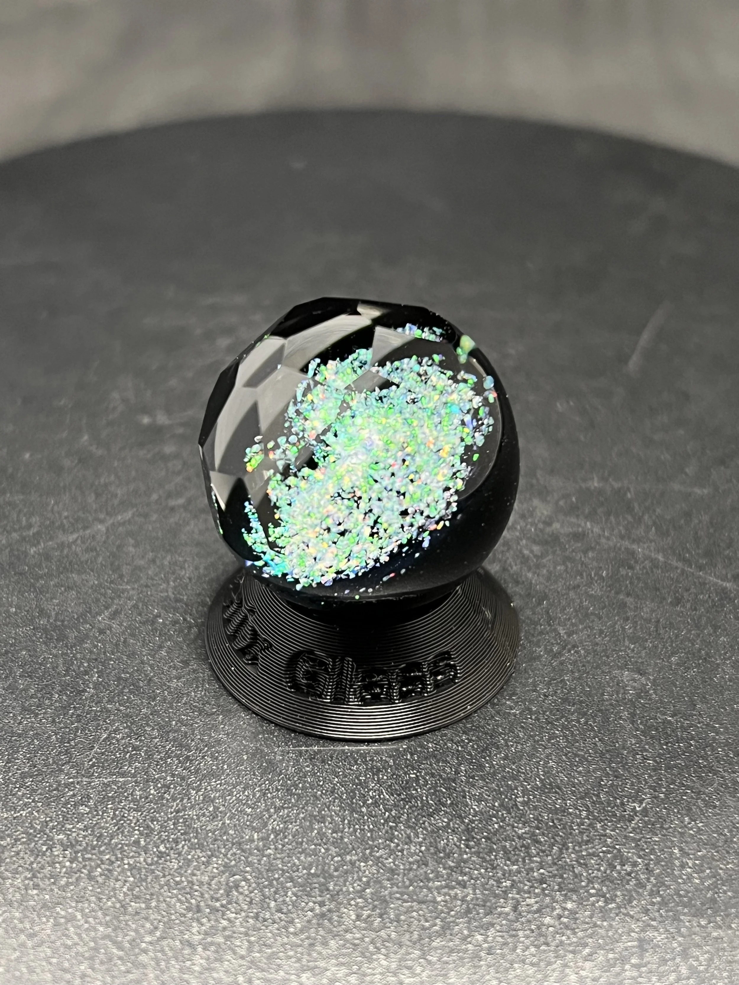 24mm Faceted Glass Marble with Crushed Opal on Galaxy Black