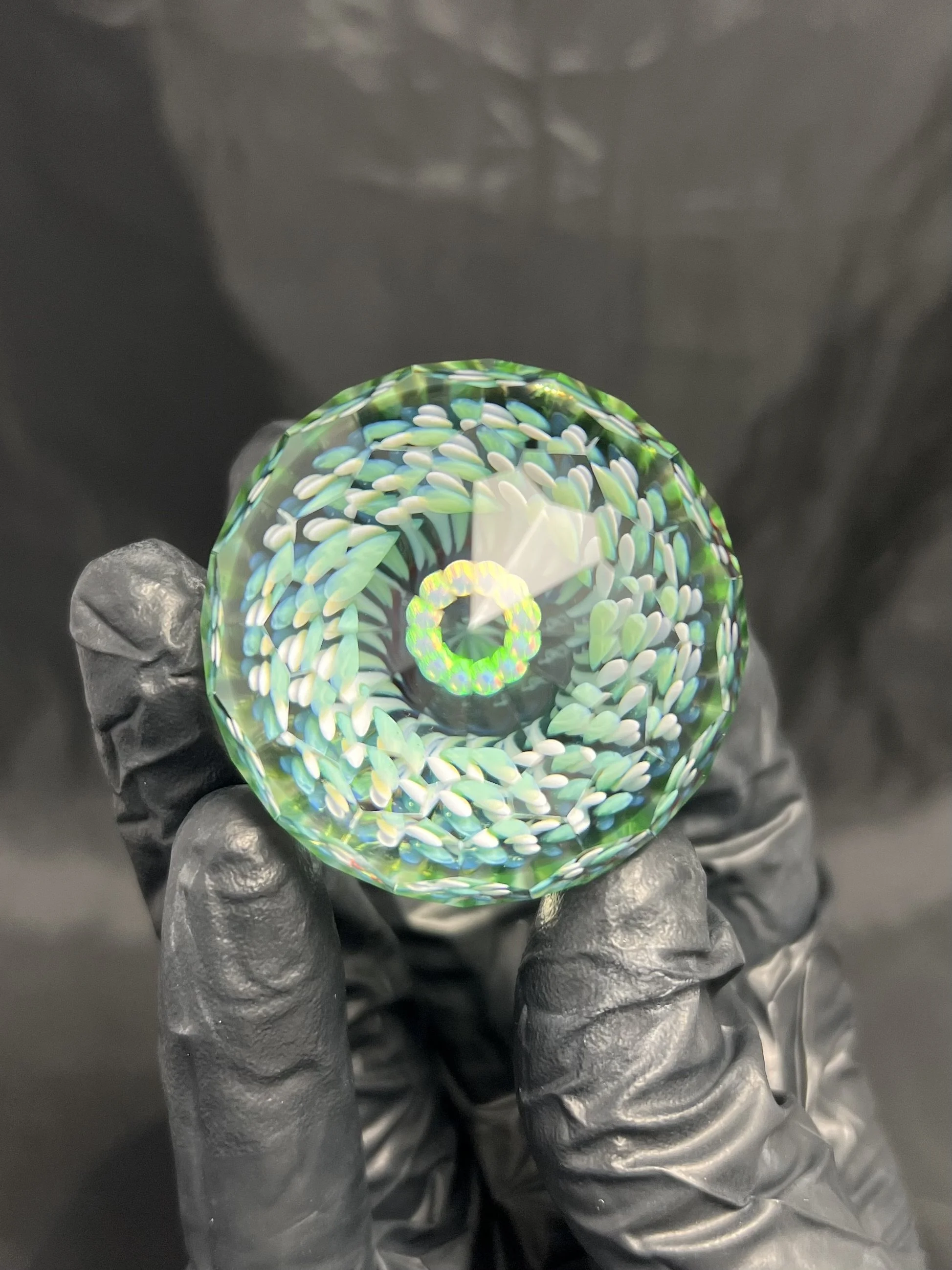 Faceted Opal Eater Glass Flower Marble in Greens with Opal and Stand - (1.7") 43mm