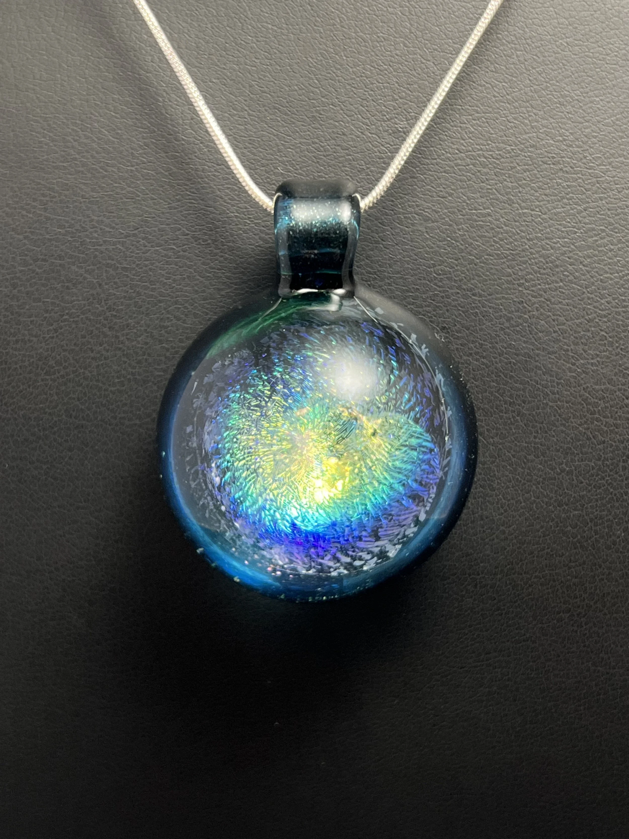 Rainbow Dichroic Glass Pendant on Sparkly Blue Glass with Chain