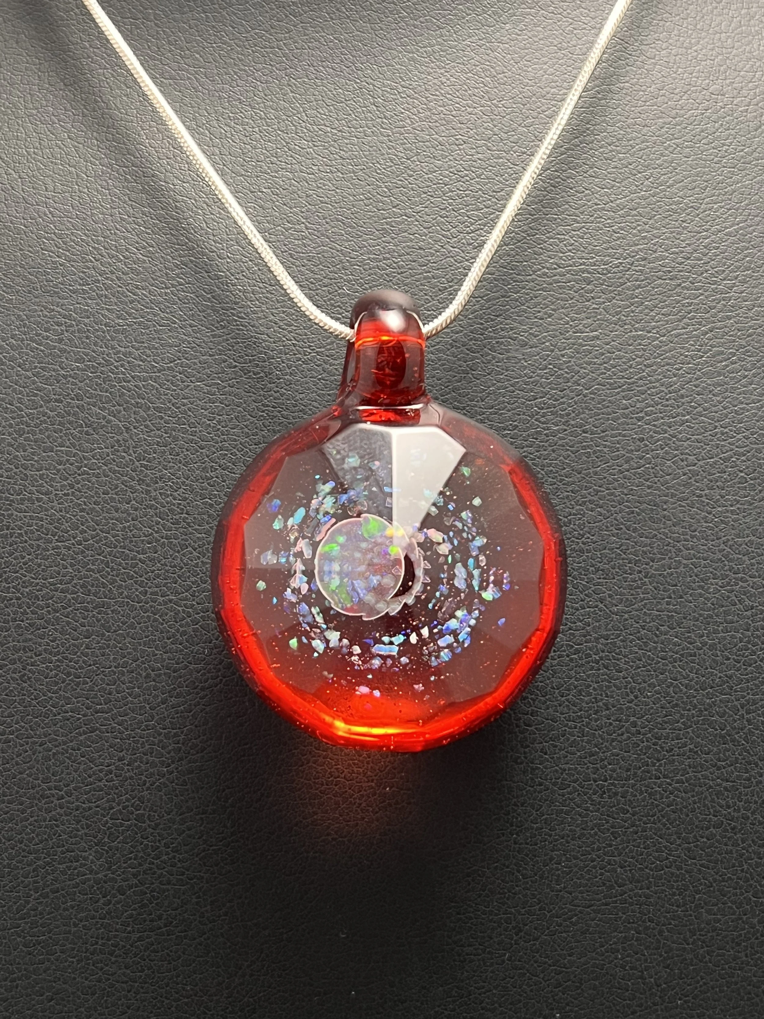 Faceted Glass Pendant. Red With Opals. Borosilicate Glass Necklace. Flameworked Glass Blown Jewelry. Jodi Sayles. Liquid Phoenix Glass. Canadian Glass Artist.