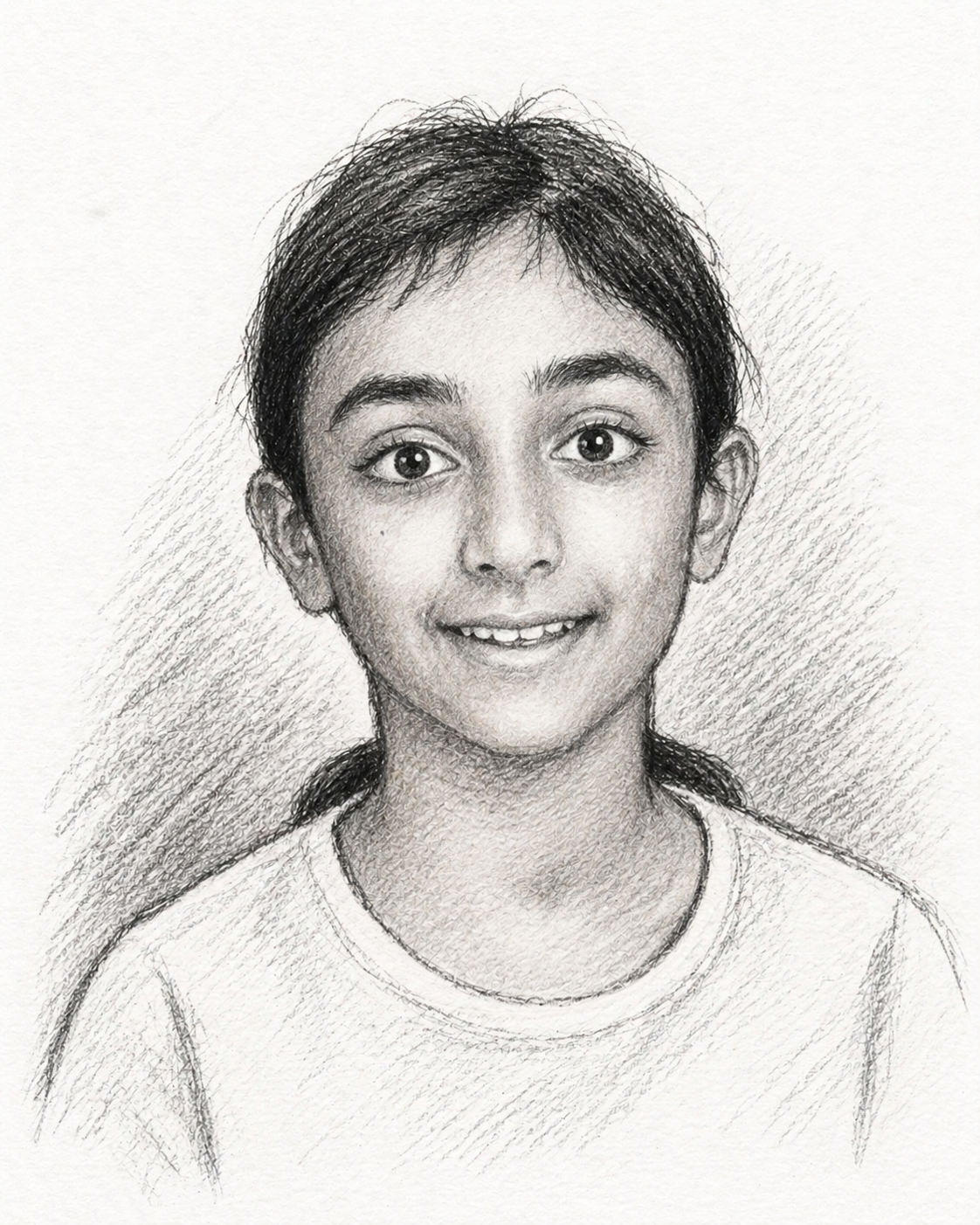 A pencil sketch of a young girl with dark hair in a ponytail, large expressive eyes, a wide smile, wearing a T-shirt, against a lightly shaded background.