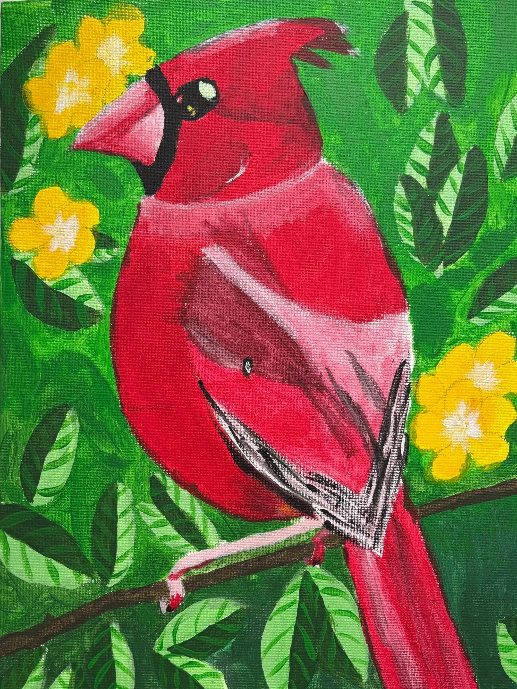 A vibrant painting of a red parrot perched on a branch amidst green leaves and yellow flowers.