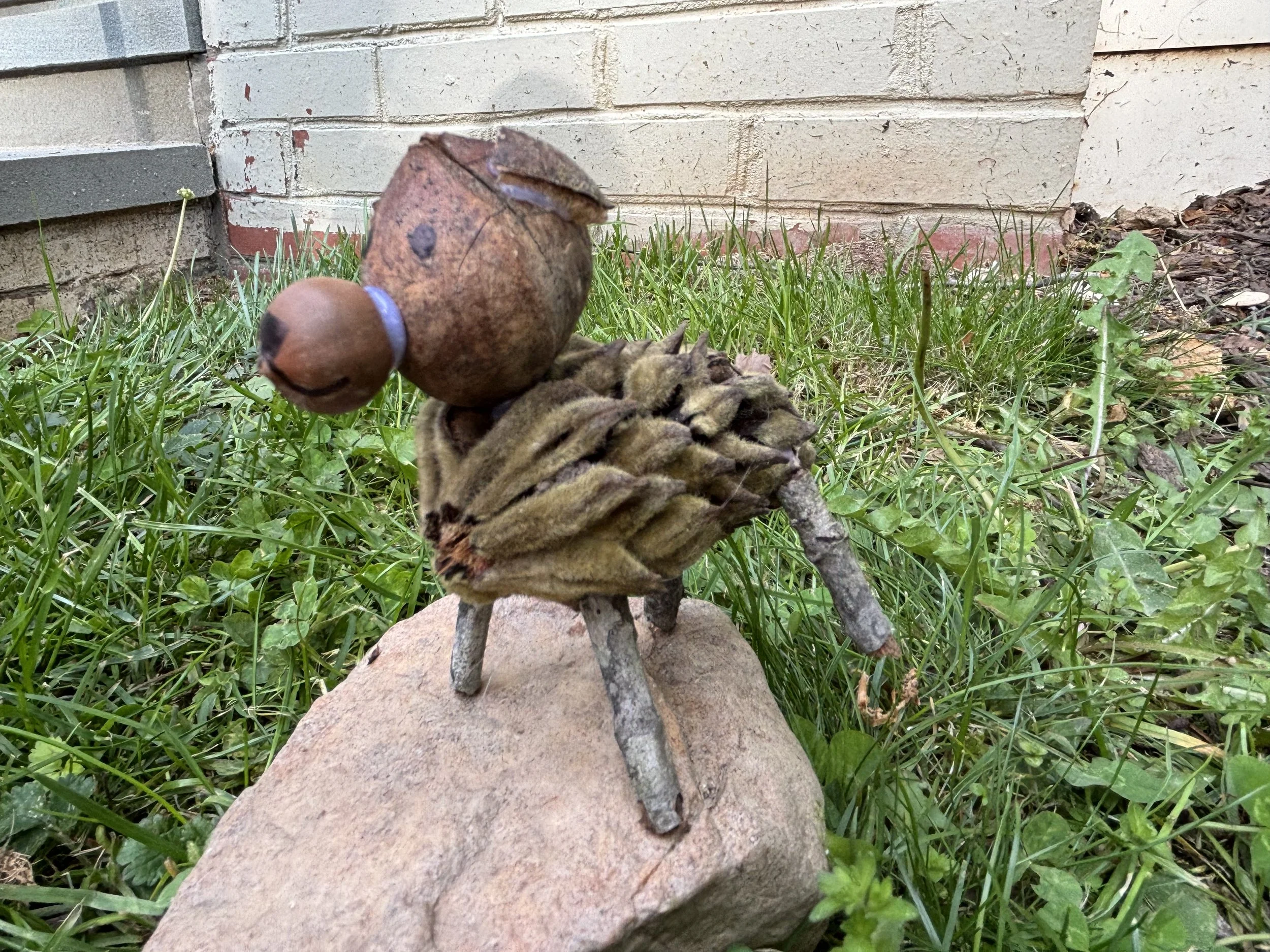 A small sculpture or craft of an animal made from natural materials such as twigs, leaves, and a pine cone, placed on a stone surface outdoors near a brick wall and grass.