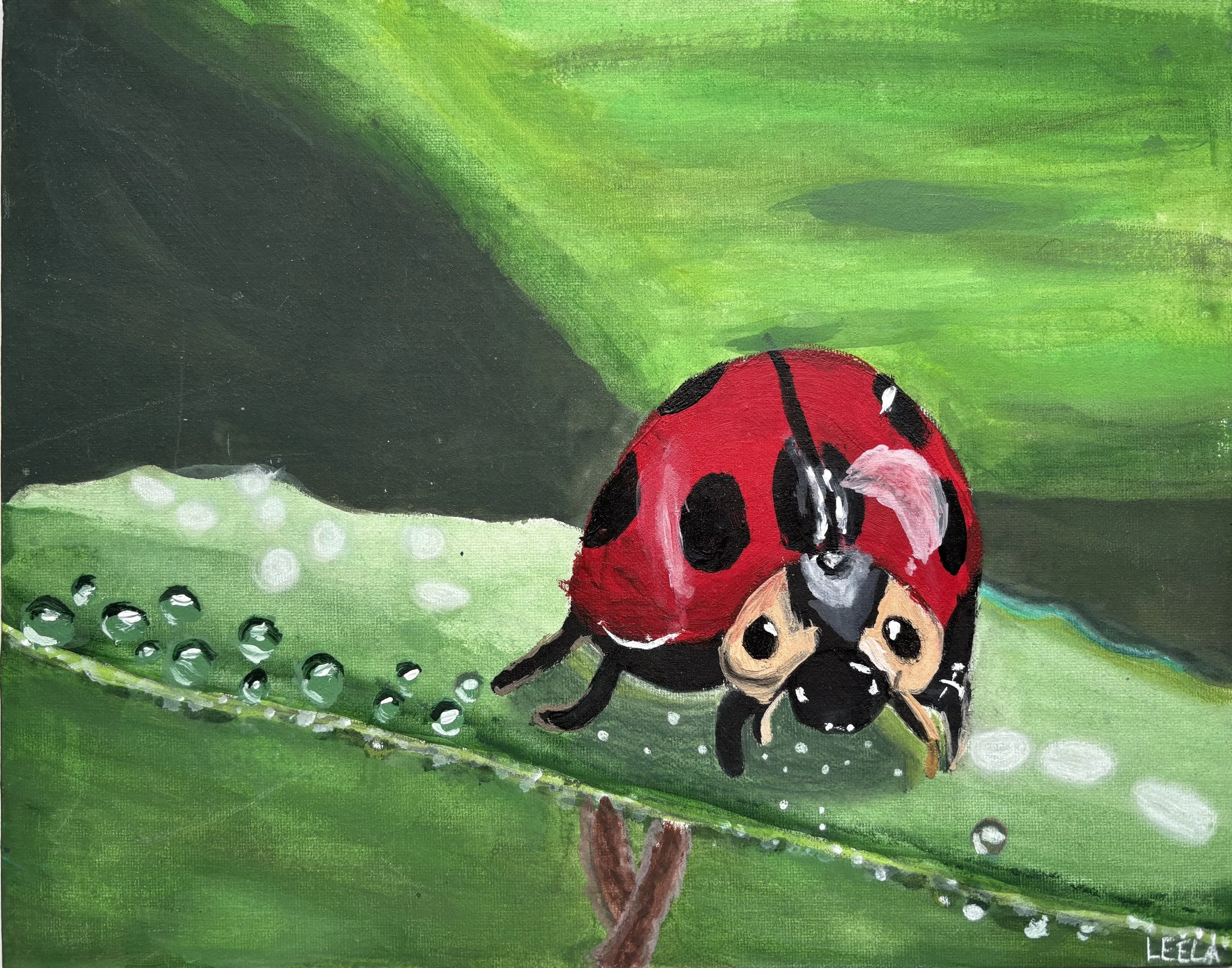 Painting of a ladybug on a green leaf with water droplets, with a green background.