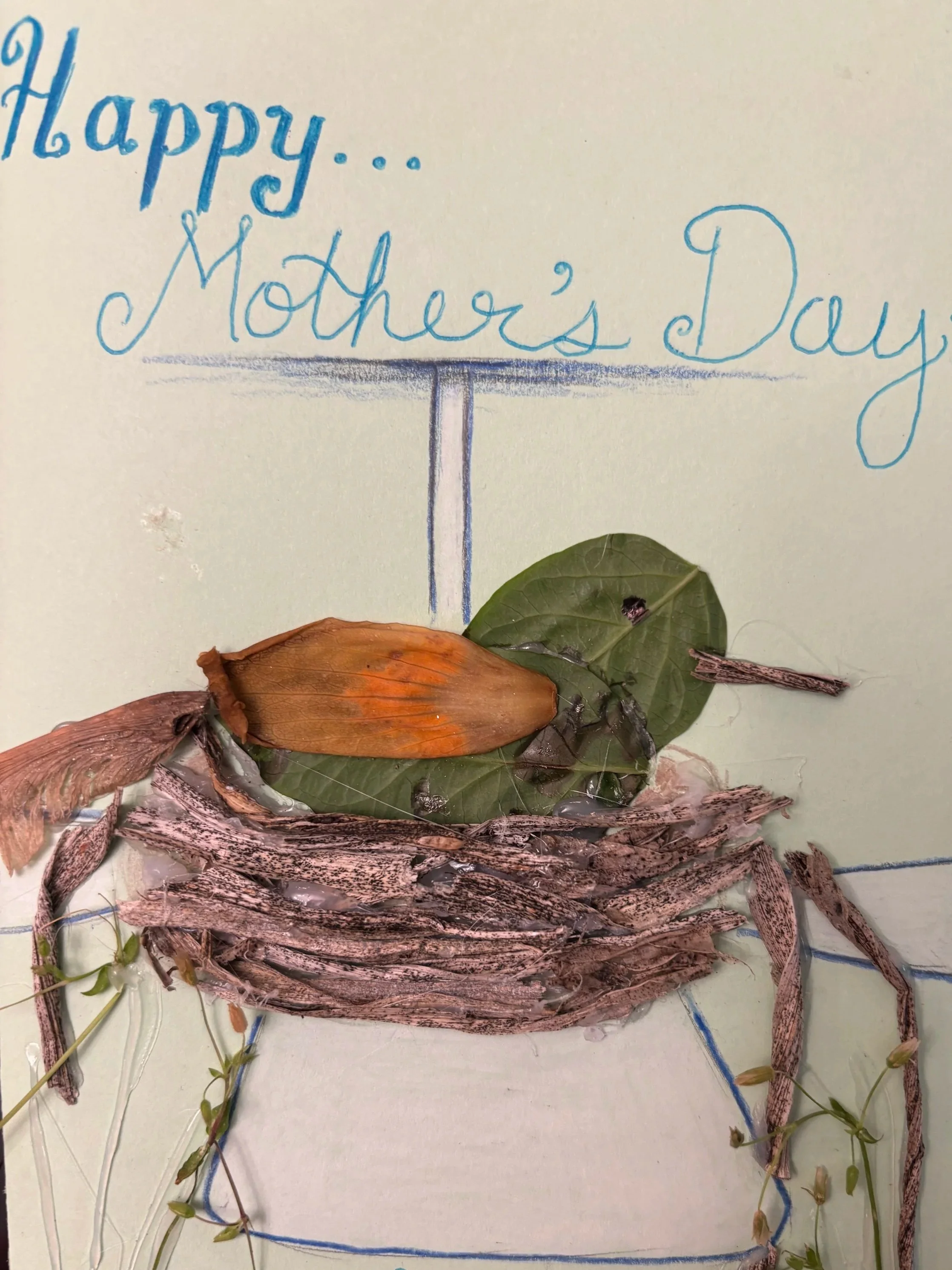 A handmade Mother's Day card with blue handwritten text that says 'Happy... Mother's Day.' The card is decorated with dried leaves, twigs, and small green sprouts arranged on a light-colored tiled surface.