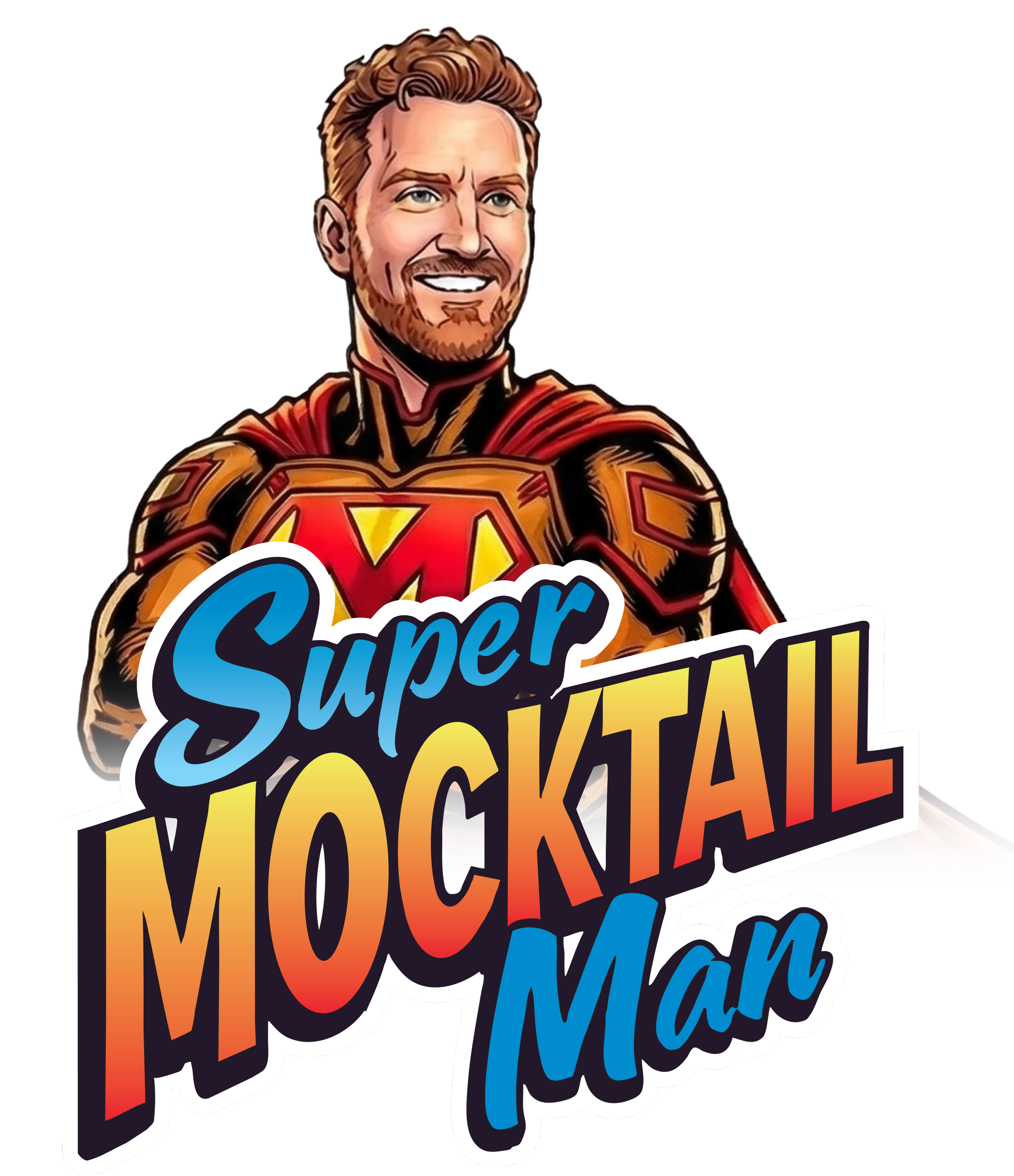 Kuvassa on iloinen mies, joka on pukeutunut supersankarin asuun, jossa on suuri punainen ja keltainen M-merkki ja teksti Super Mocktail Man.