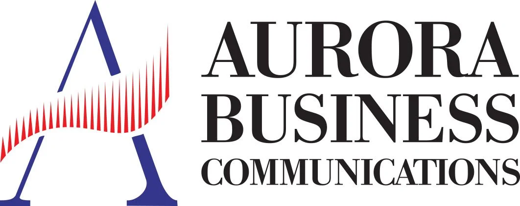 Aurora Business Communications logo, jossa sininen ja punainen aakkosymboli
