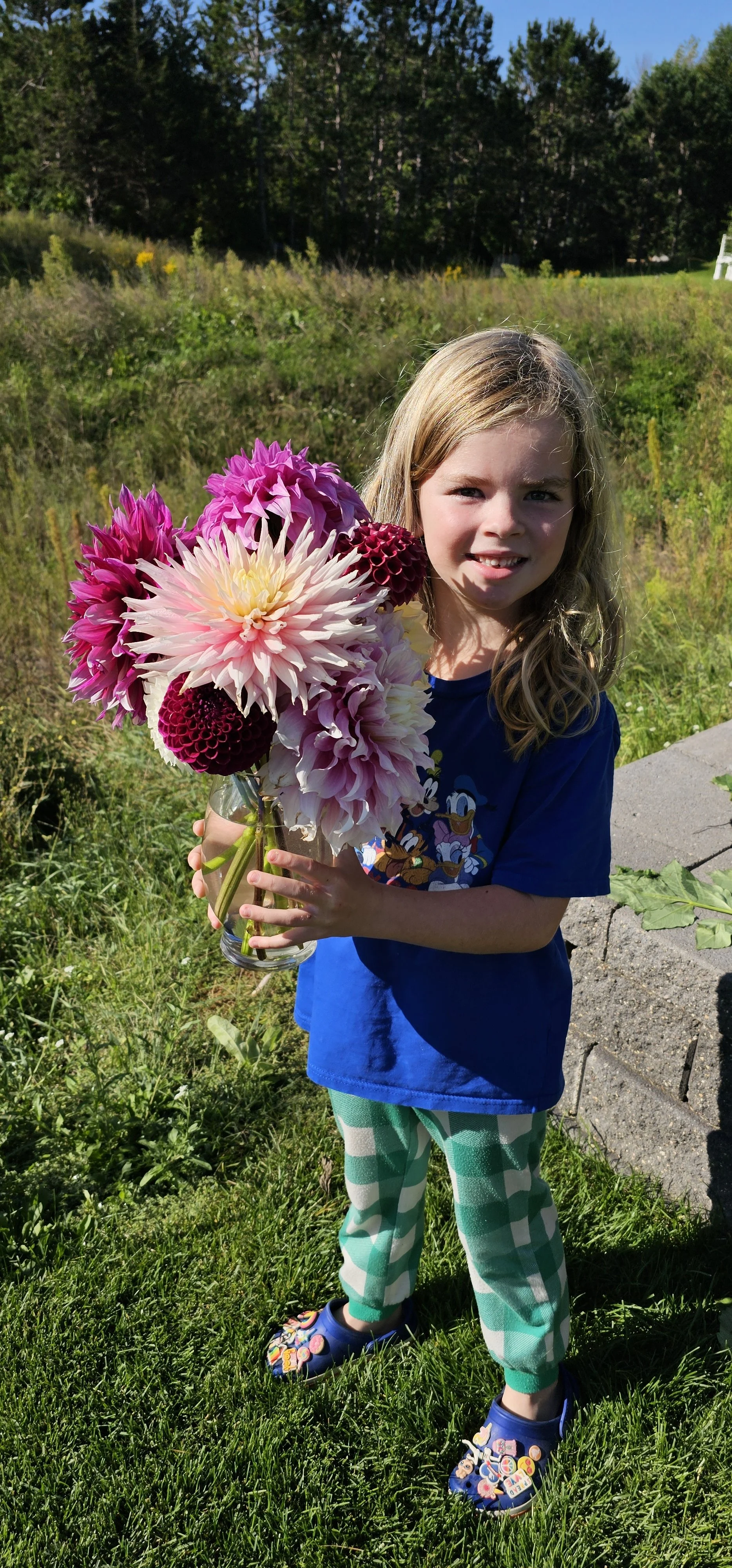 Young girl with long blonde hair wearing a blue T-shirt featuring Disney characters, green and white striped pants, and colorful shoes, holding a large bouquet of pink, purple, and white flowers outdoors against a backdrop of green grass, trees, and 
