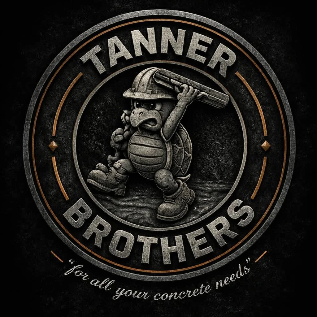A logo for Tanner Brothers featuring a cartoon turtle wearing a construction helmet, holding a trowel, surrounded by a circular design with the words 'Tanner Brothers' and a tagline 'for all your concrete needs'.