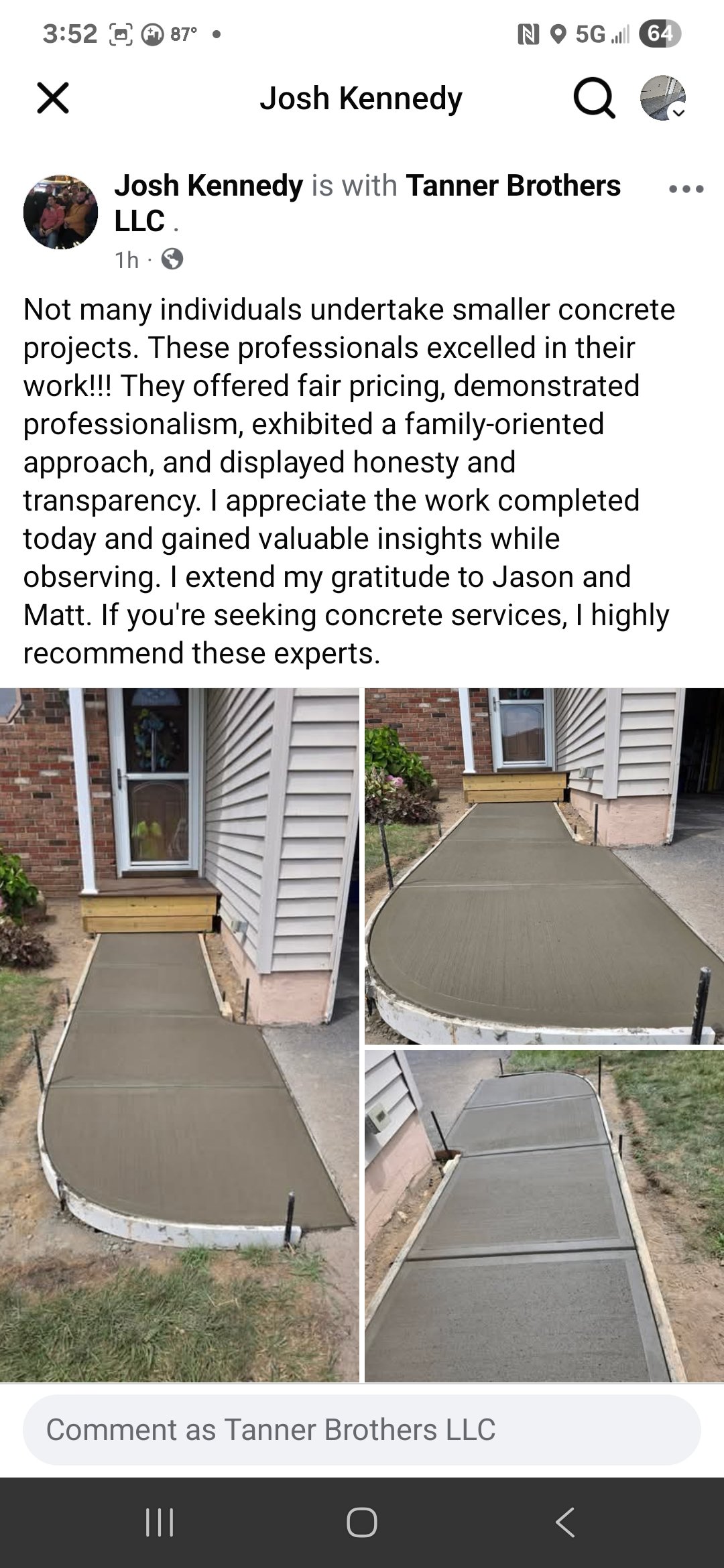 Photos of freshly poured concrete sidewalks in front of a house, showing different stages of finishing.