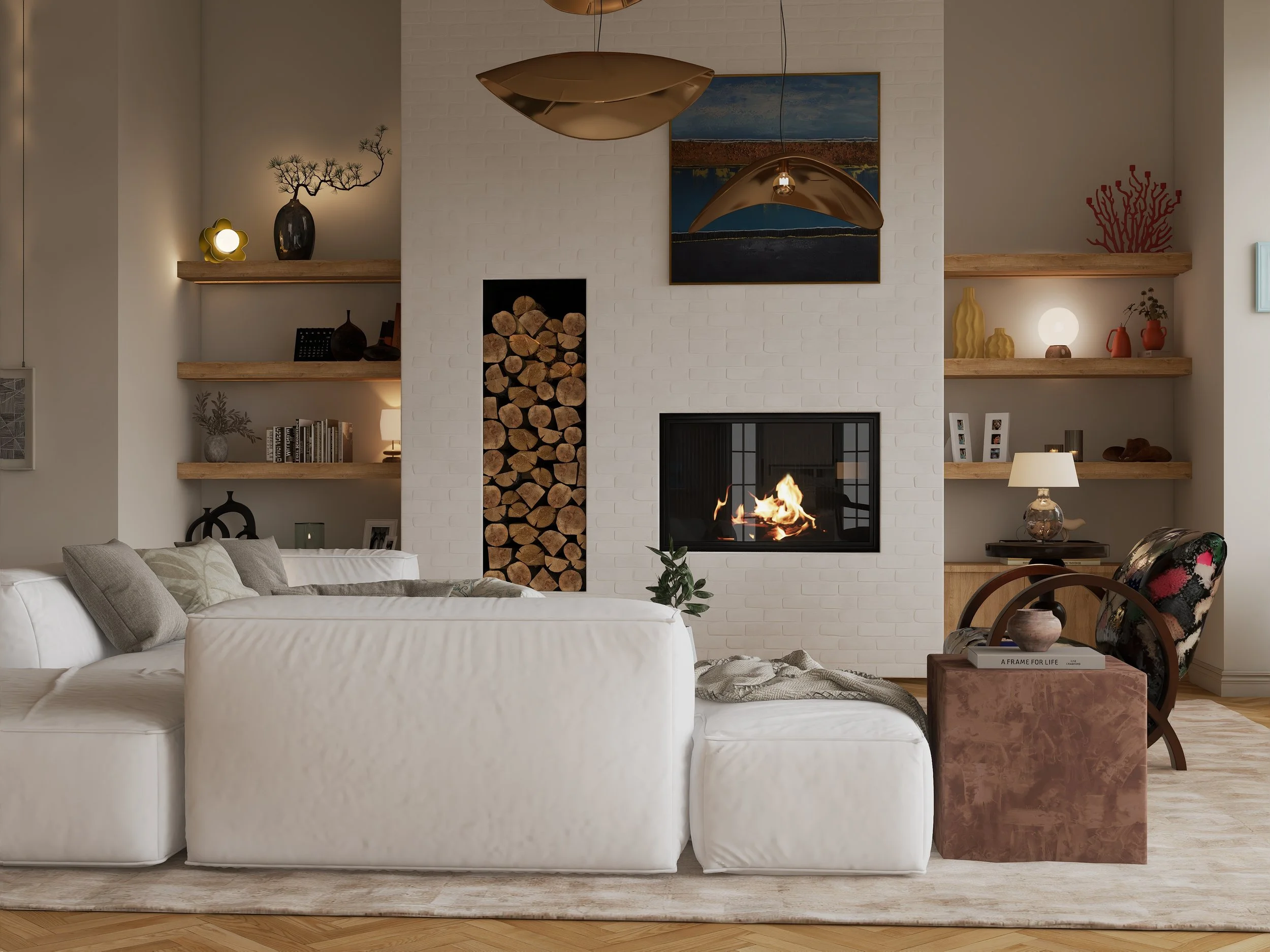 A modern living room with a white sofa, wooden shelves with decorative items, a fireplace with stacked logs, a large colorful painting above it, and a contemporary chandelier.