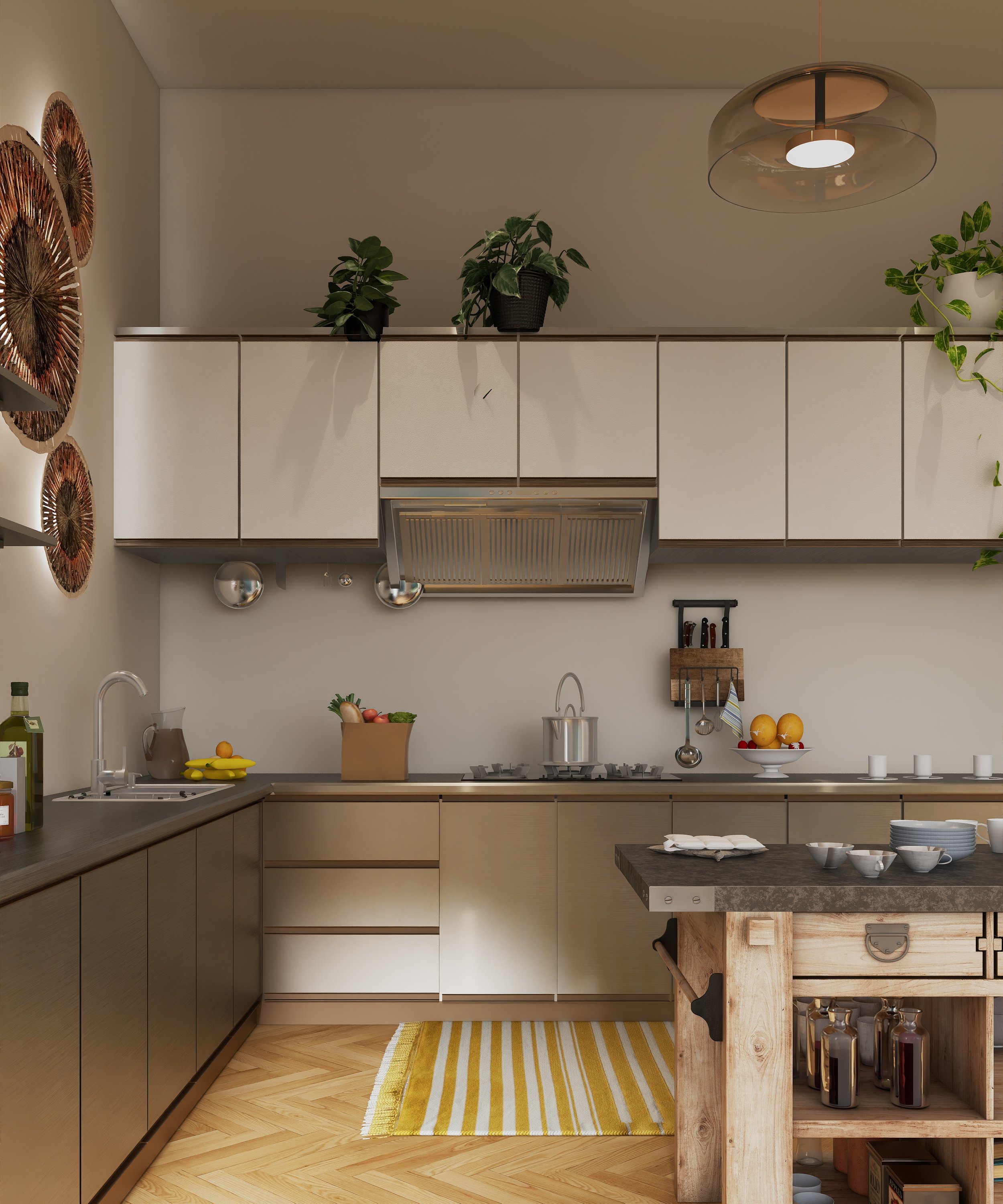 Modern kitchen with white cabinetry, wooden accents, and a yellow striped rug. Green potted plants on upper cabinets, decorative wall art, and a kitchen island with bowls and bottles underneath. Hanging light fixture, stainless steel range hood, and cooking utensils on the wall.