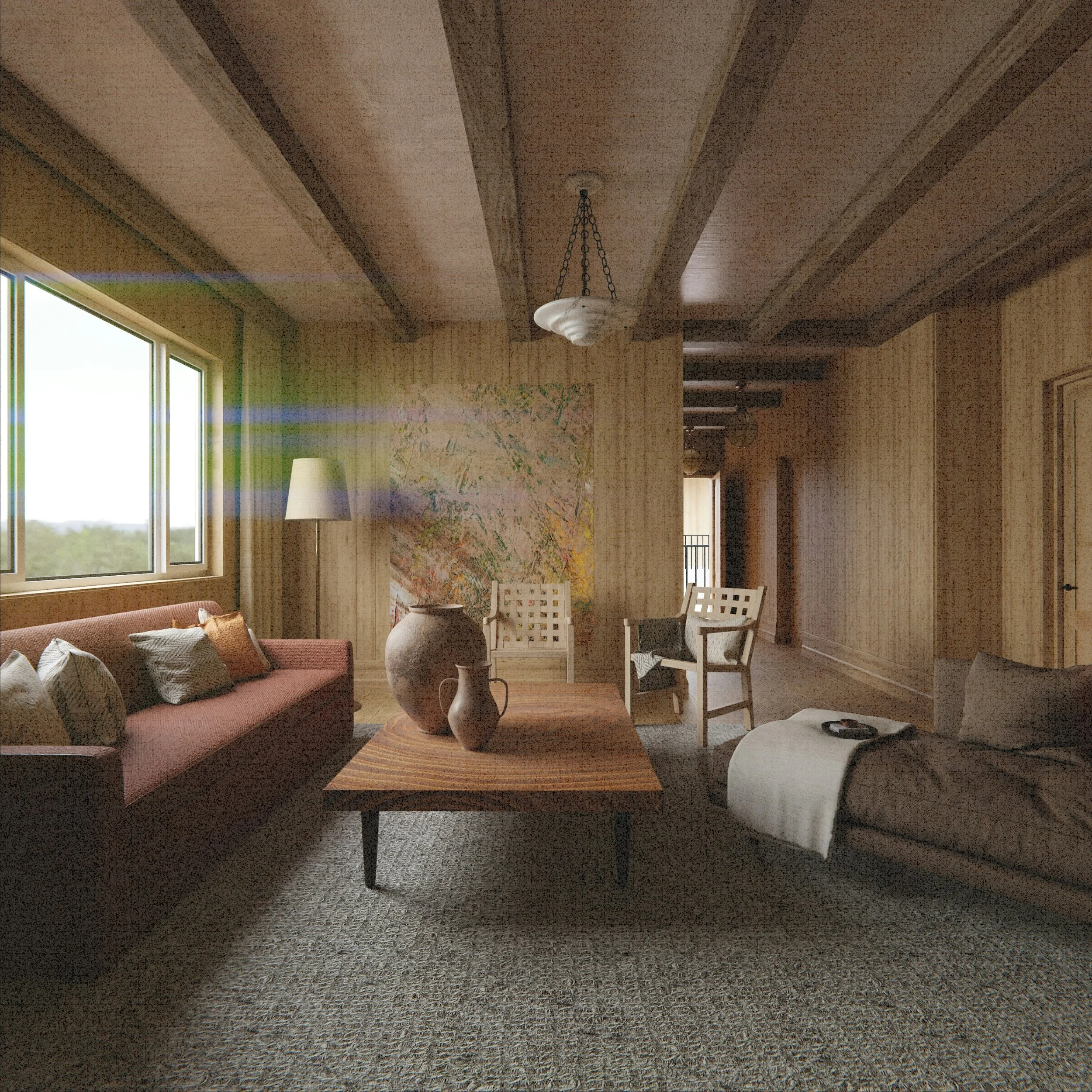 grainy modern living room with natural elements and wood paneling