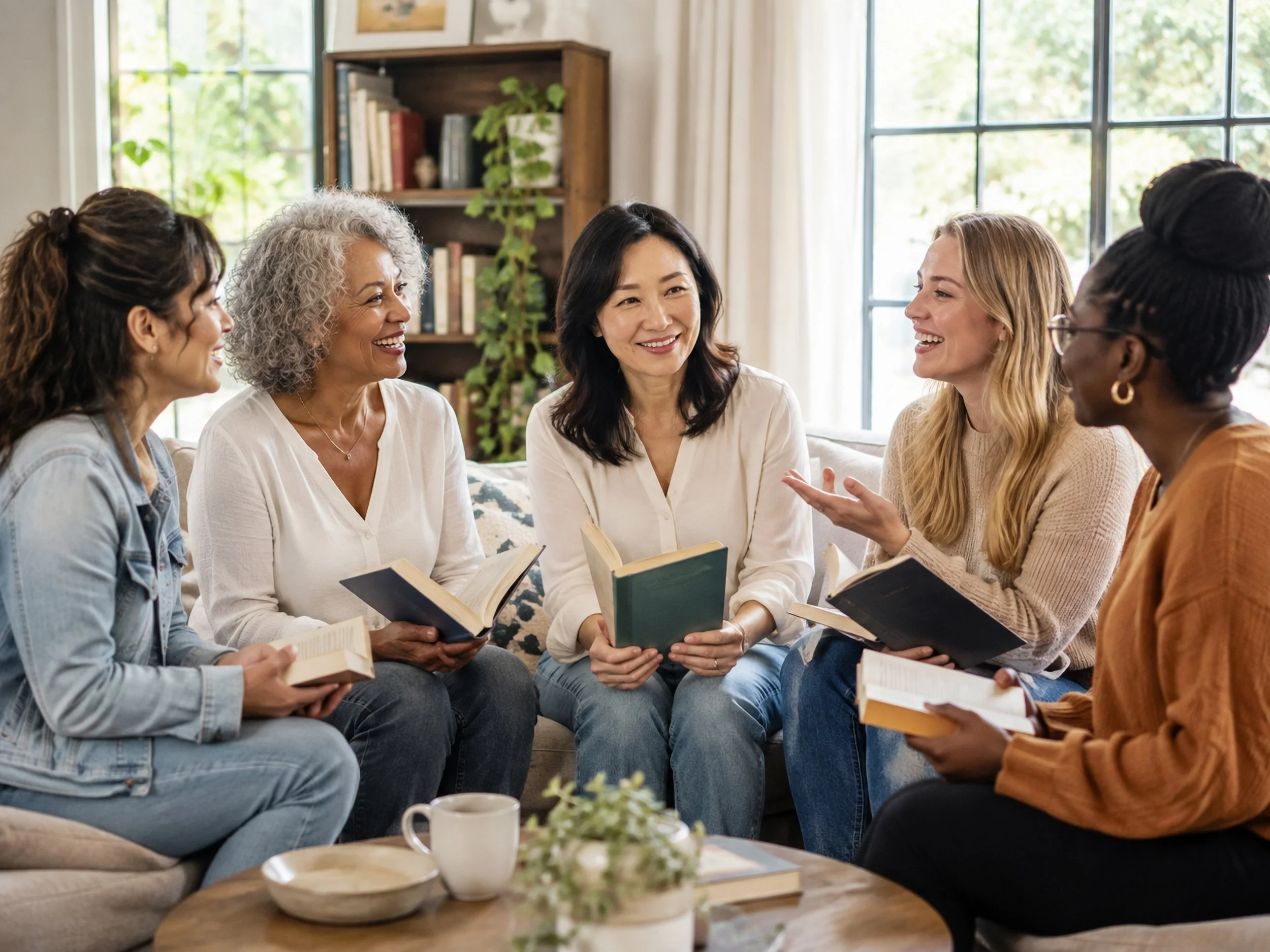 A group of diverse women sitting together and talking, holding books, in a cozy living room with large windows, a bookshelf, and a coffee table.