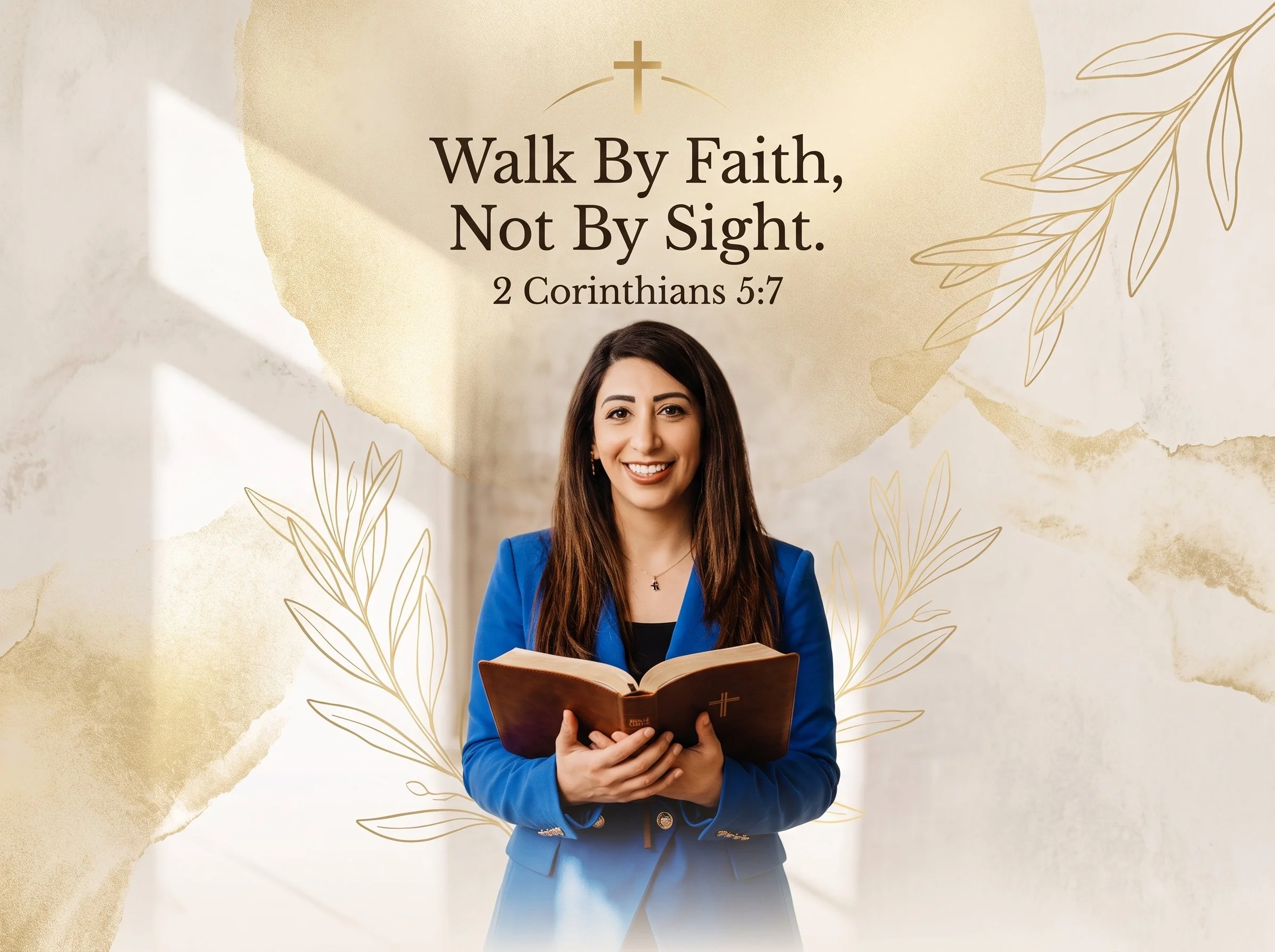 A woman wearing a blue blazer holding an open Bible and smiling. Behind her, a quote from 2 Corinthians 5:7, 'Walk By Faith, Not By Sight,' is displayed with a cross and decorative gold leaves on a textured background.