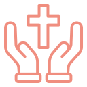 Outline of two hands cupping a cross, representing faith or religious devotion.