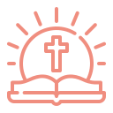 Open Bible with a cross on the cover and rays of light radiating from it.