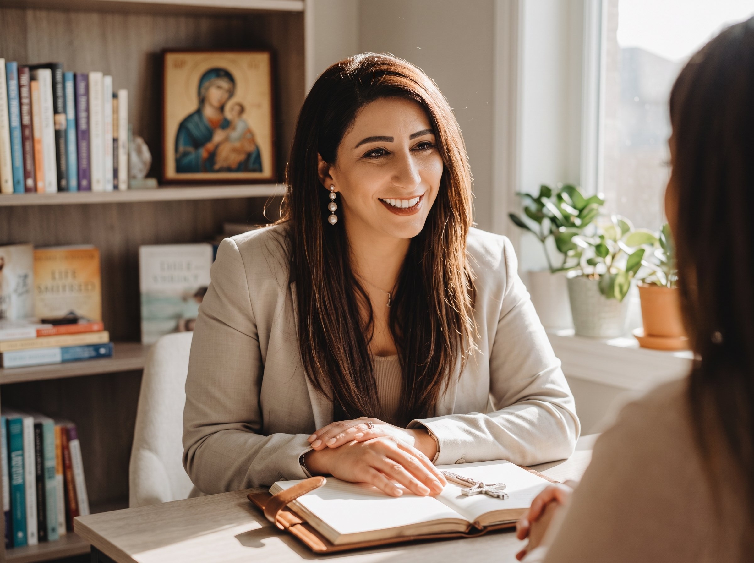 A woman with long dark hair wearing pearl earrings, smiling and engaged in a conversation at a table. Behind her is a bookshelf with books and a framed religious icon of the Virgin Mary holding baby Jesus. There is a potted plant near a window with sunlight streaming in.