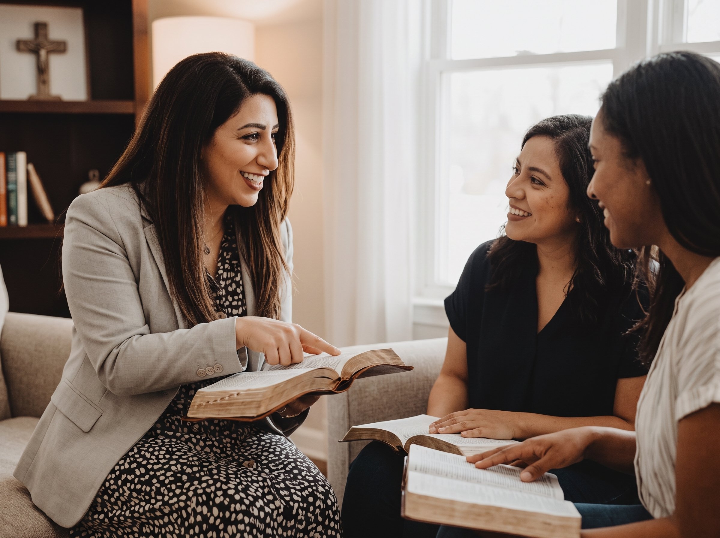 A woman with long brown hair smiling and talking to two other women in a cozy room with large windows, books, and a wooden cross on the wall.