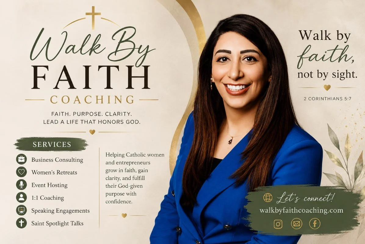 A woman with long dark hair wearing a blue blazer smiling at the camera, with text promoting faith coaching services and contact information including a website, Instagram, email, and Facebook icons. The background includes gold and beige accents with decorative leaves.