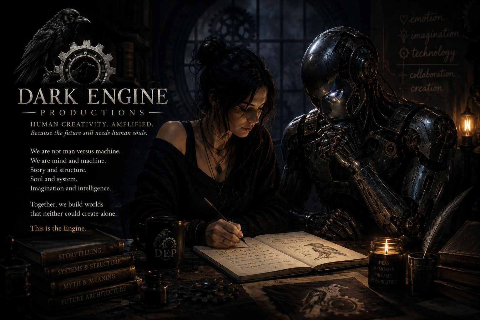 A woman writing in a notebook beside a humanoid robot in a dimly lit room with gears and books about storytelling, systems, myth, and future architecture. The scene has a steampunk and sci-fi aesthetic.