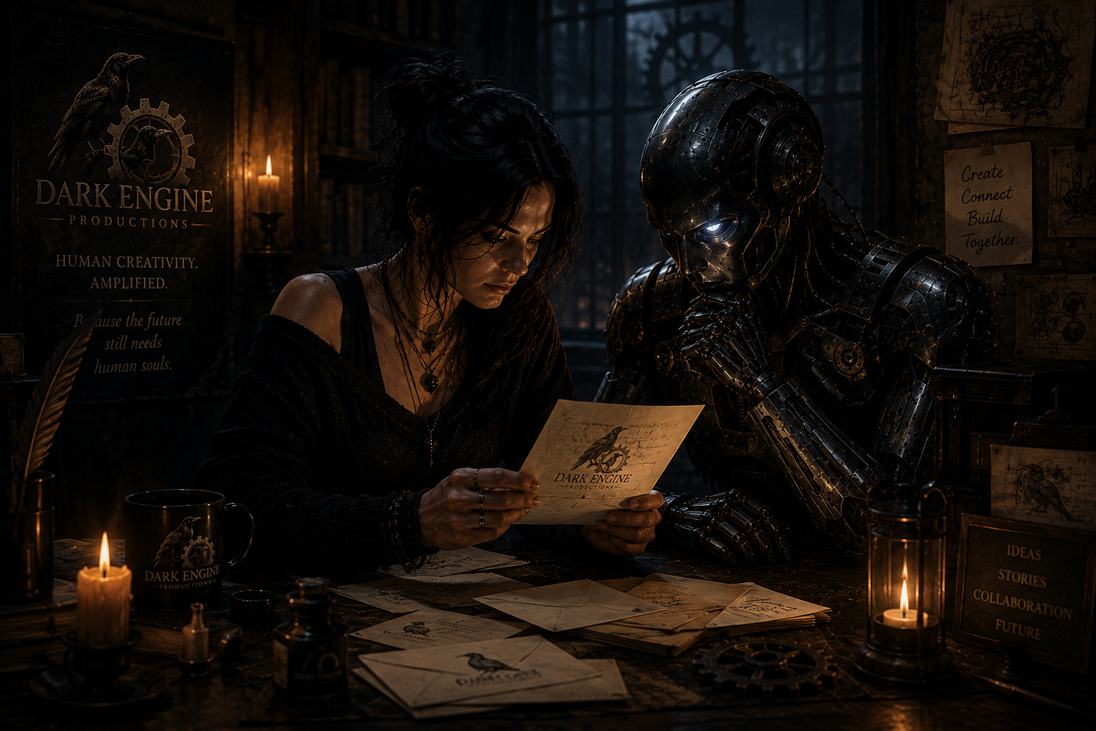 A woman with dark, messy hair and wearing dark clothing, appears focused as she holds a letter with a raven and gear logo, while a robotic figure with glowing eyes looks on, in a dimly lit, steampunk-inspired room with candles, papers, and gears.