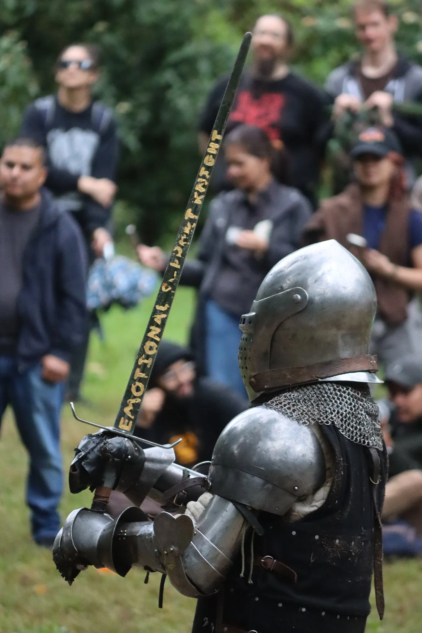 A person dressed in medieval armor holding a sword, with a group of people in casual clothing in the background, outdoors in a wooded area.