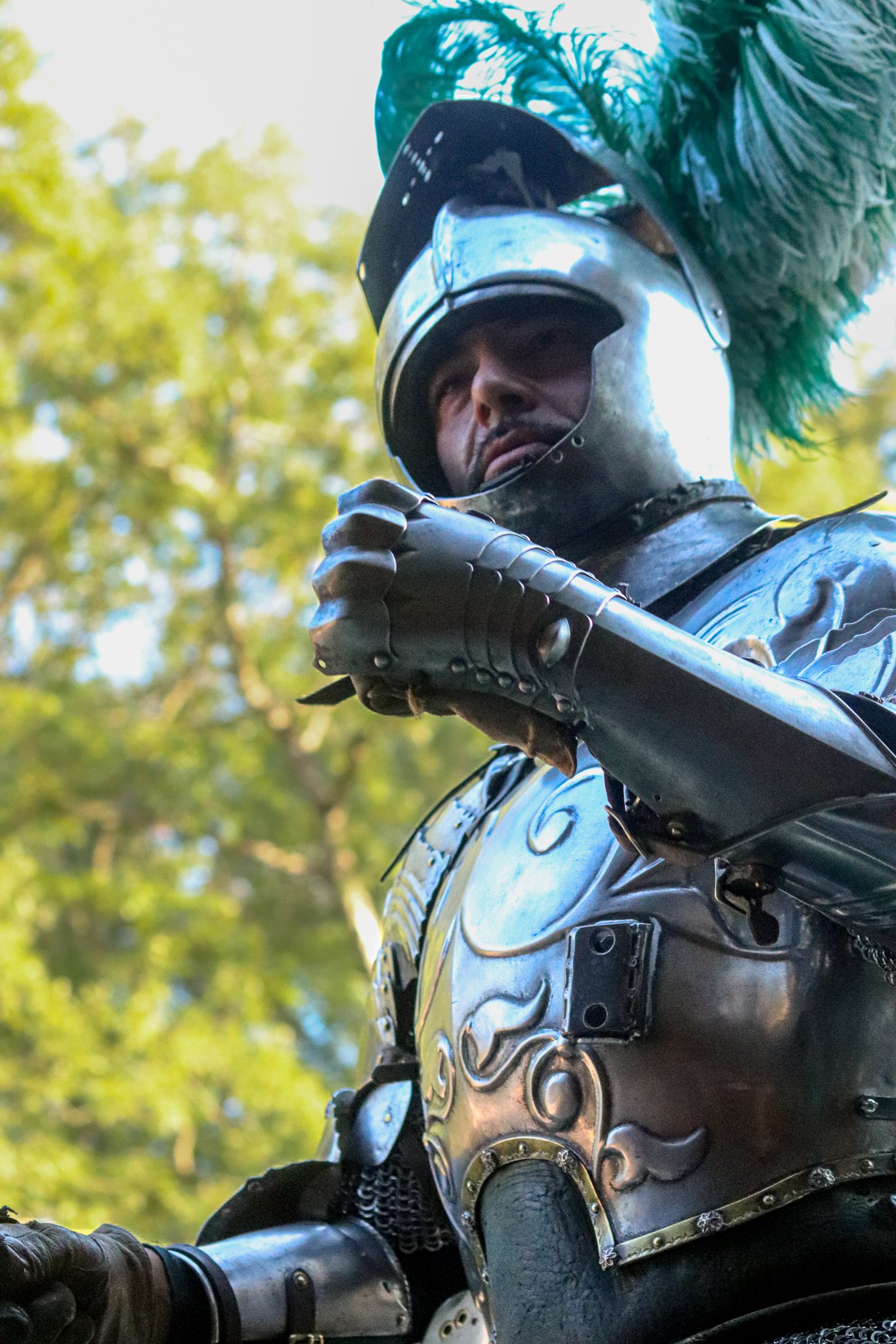 Close-up of a person dressed as a knight in armor, wearing a helmet with a large green plume, holding a sword outdoors with green trees in the background.