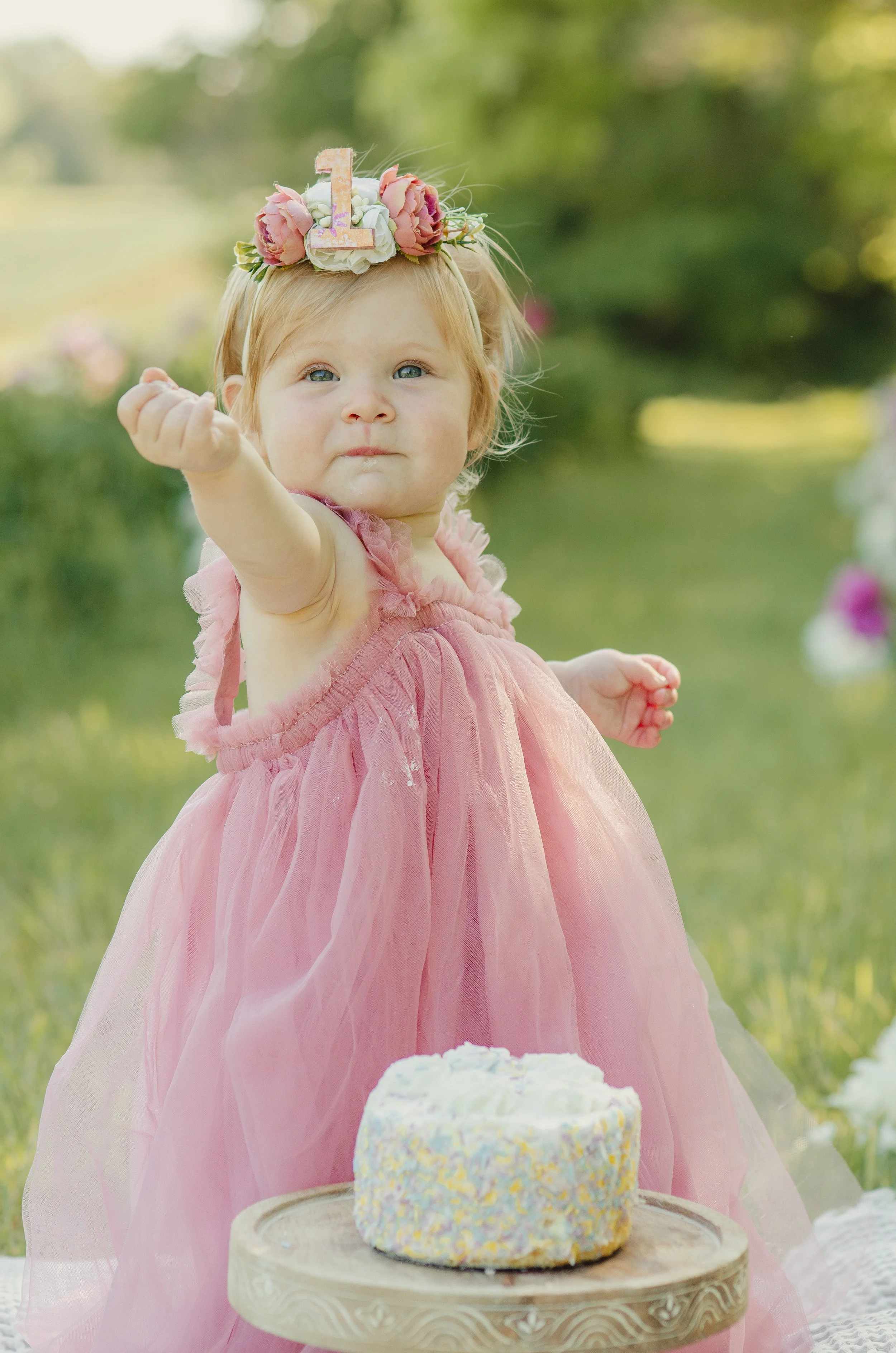 Knoxville baby milestone session with outdoor cake smash and soft natural light