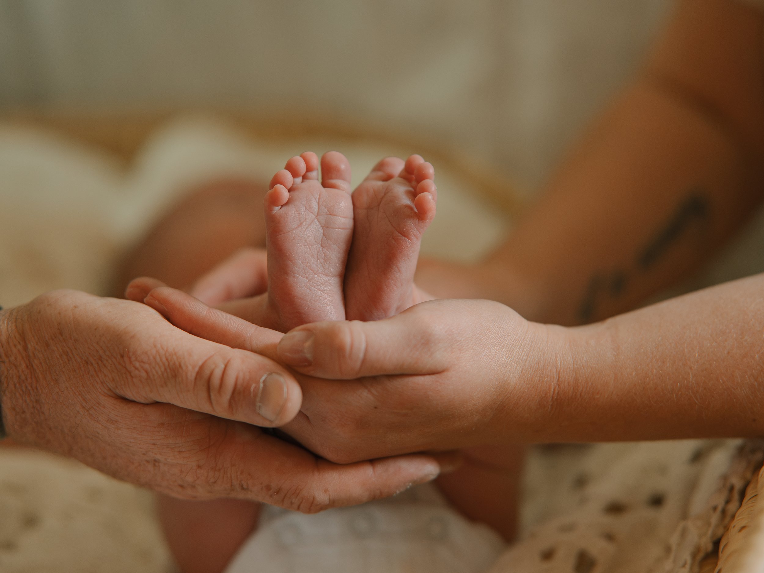 In-home newborn photography capturing small baby details with parents in Maryville 