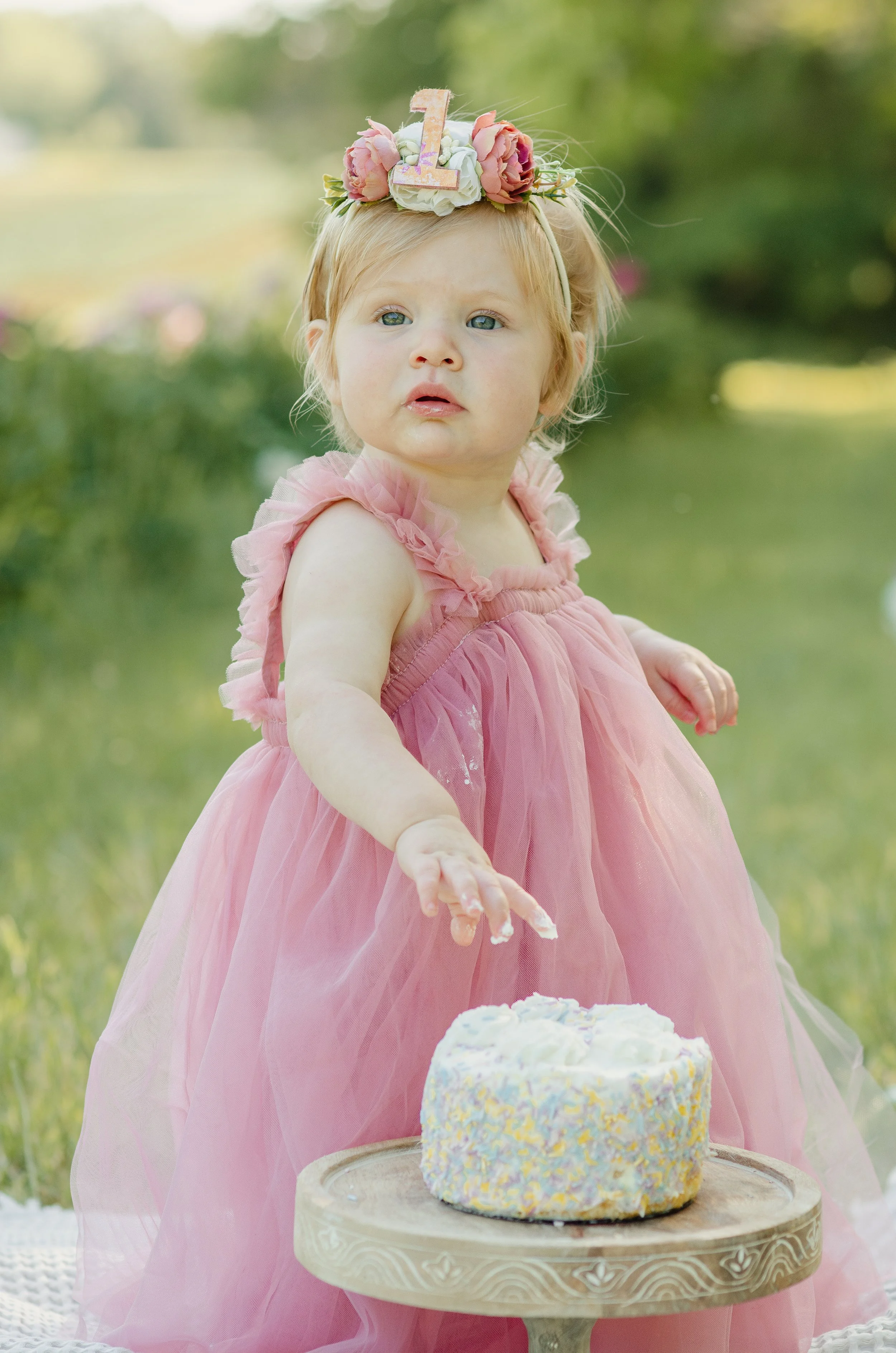Knoxville milestone photographer capturing first birthday cake smash in outdoor setting