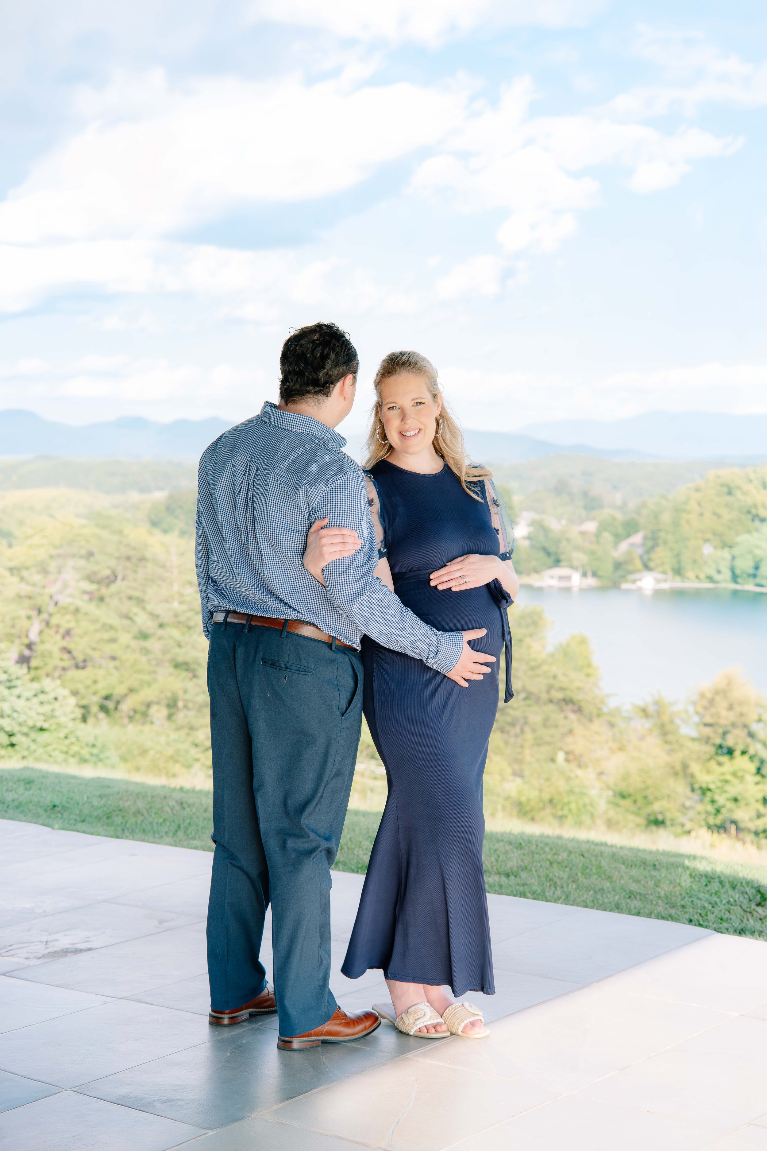 Expecting mother during an at-home maternity photo session with mountain view, Vonore, Tennessee