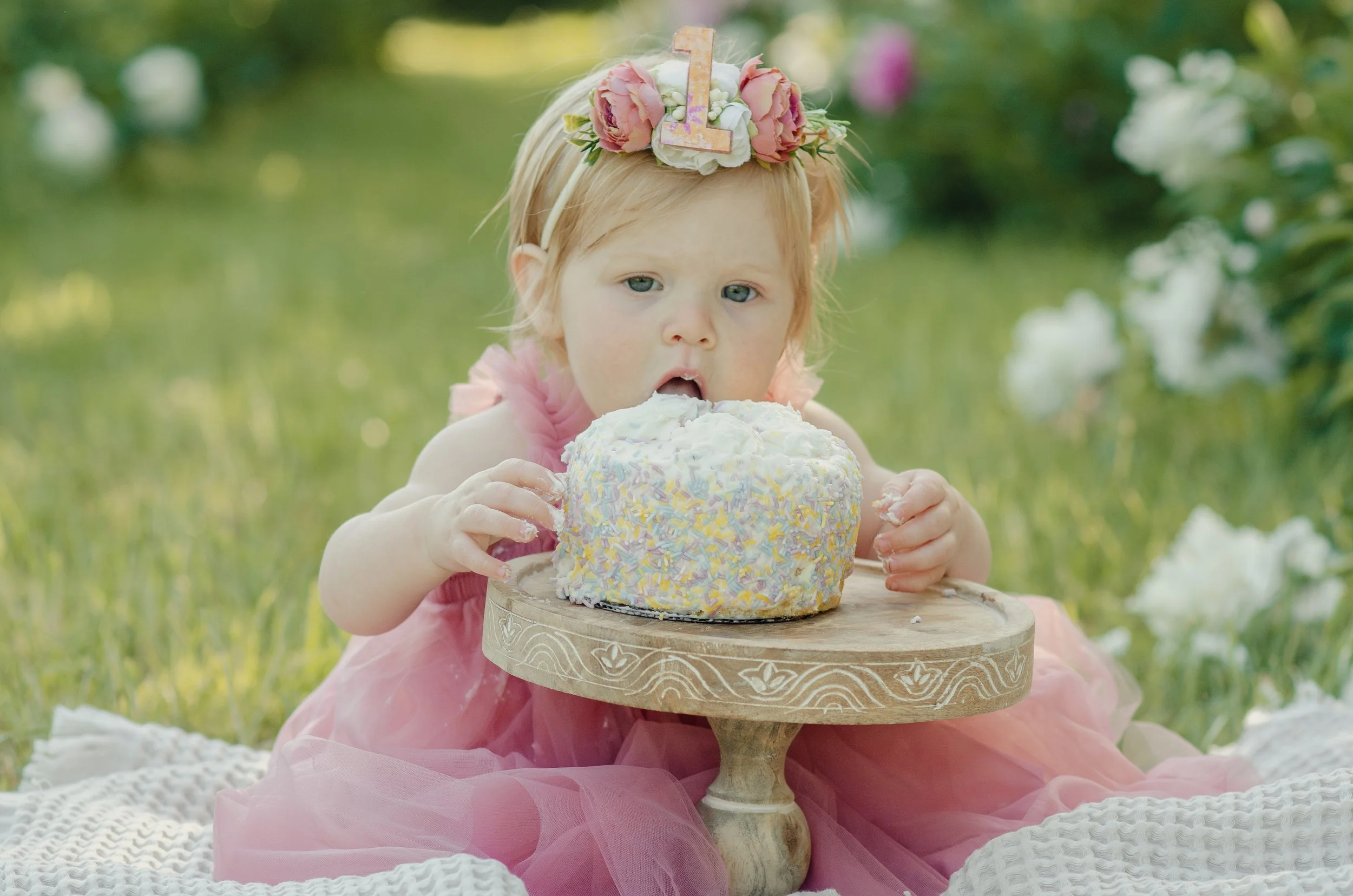 Outdoor first birthday cake smash session in Knoxville with relaxed, natural feel