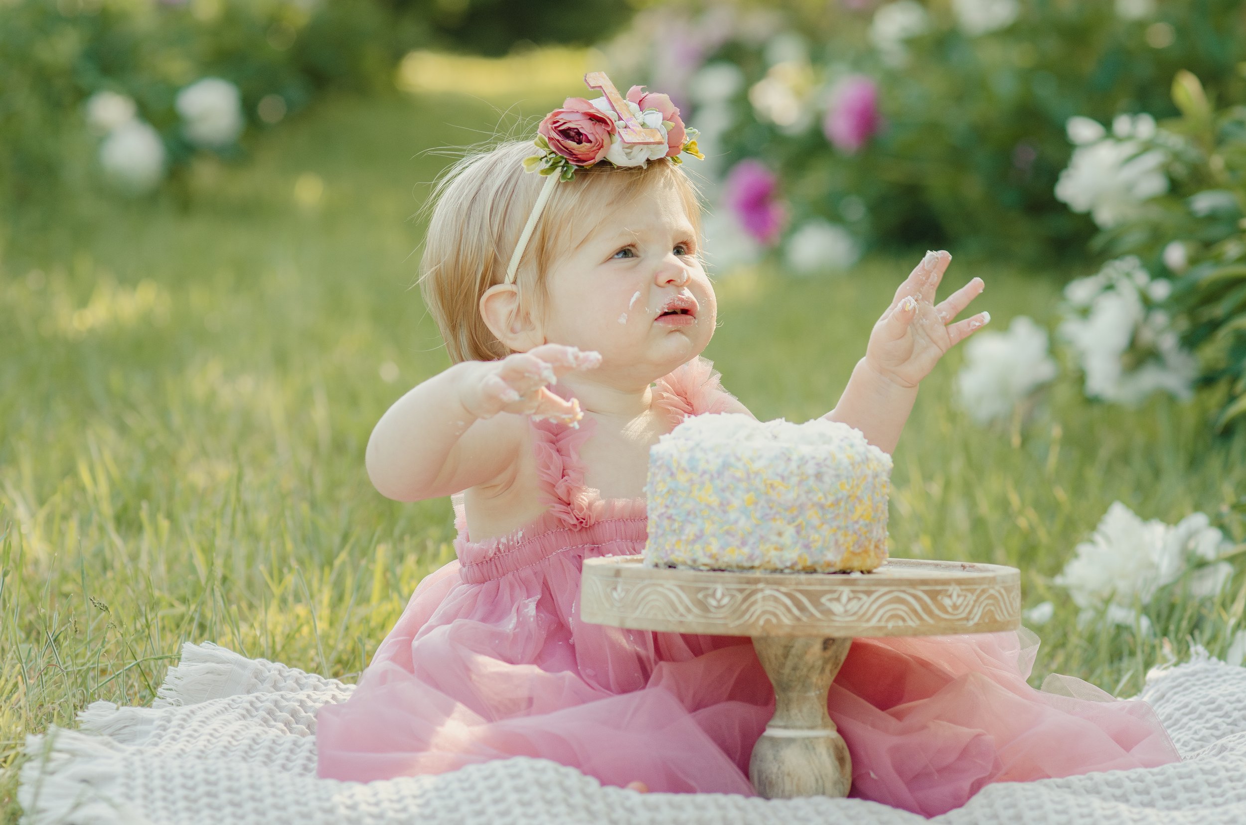 A young girl in a pink dress celebrating her birthday outdoors, sitting on a blanket with a colorful birthday cake in front of her, wearing a floral birthday crown, with a cake topper shaped like the number one, in Knoxville Tn