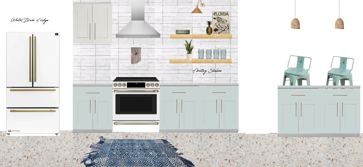 Modern kitchen with white brick wall, light blue cabinets, stainless steel appliances, and decorative items on wooden shelves, with a blue rug on a speckled floor.