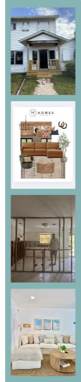A collage of four images: the first shows a white house with a small front porch, the second depicts a living room with a brown sofa and decor, the third features a person standing on a balcony or staircase, and the fourth displays a bright living space with white walls and a white sofa.