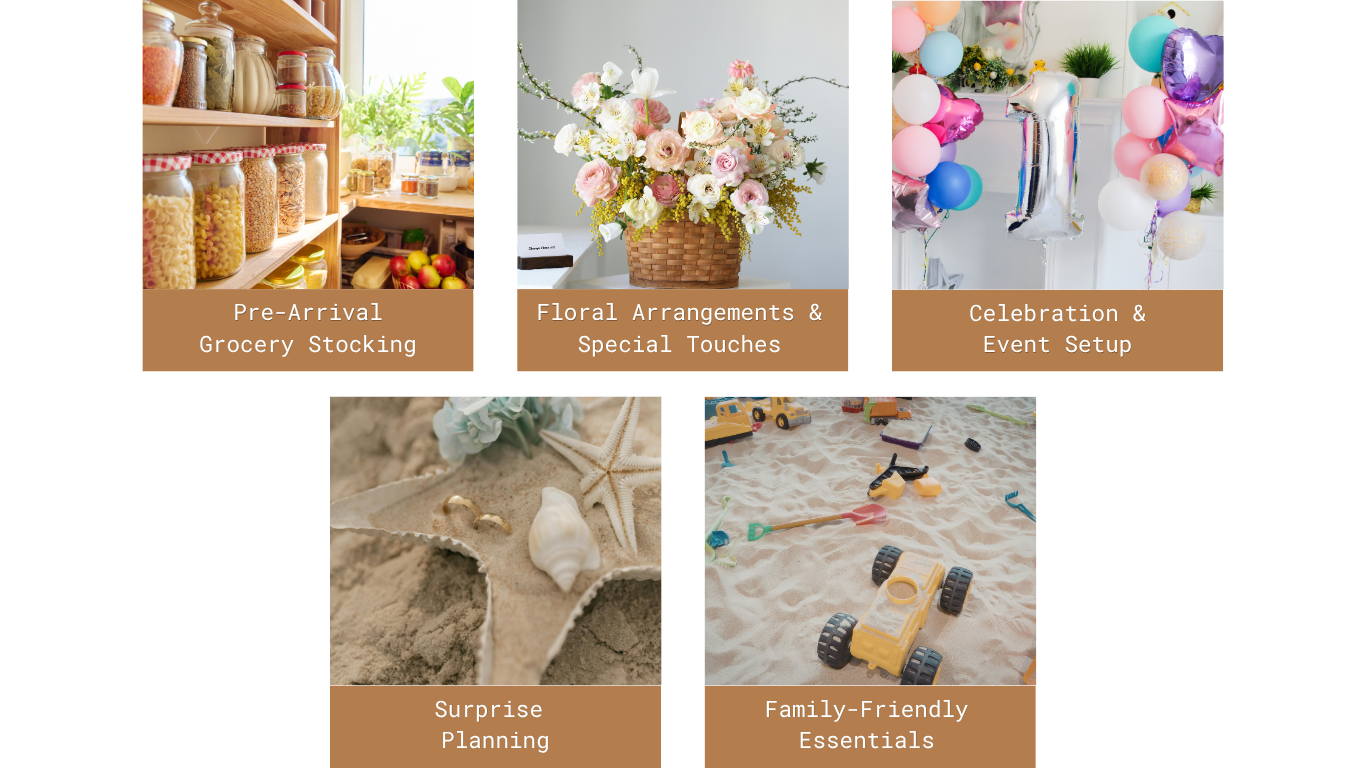 A collage of images related to event planning and organization. Top row shows grocery jars and fresh produce, a floral arrangement in a basket, and colorful balloons and number one balloons for celebration. Bottom row includes a sandy beach scene with seashells and starfish, and a collection of children's toys in the sand, indicating family-friendly essentials and surprise planning.