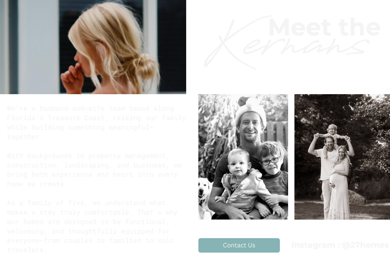 A collage of four photos featuring families and children. The top left shows a woman with blonde hair before a window, holding her nose. The bottom right features a man and a woman posing outdoors with a child, with the man holding a boy on his shoulders. The bottom left shows a man with two young children, one wearing glasses, in an outdoor setting. The images include a mixture of color and black-and-white photos.