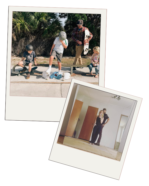 Two overlapping Polaroid photos. The top photo shows three children with skateboards and a man with a skateboard outdoors, near some bushes and trees. The bottom photo is a mirror reflection of a man and woman taking a selfie indoors in a room with plain walls and hardwood floors.