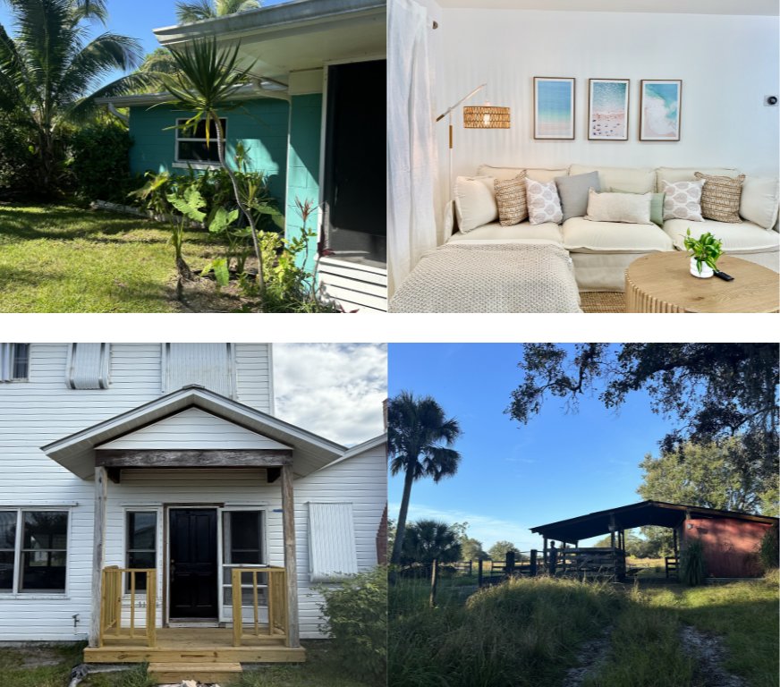 A collage of four images showing different types of buildings and interior decor. Top left: a small turquoise house with tropical plants outside. Top right: a cozy, well-decorated living room with a white couch and framed art. Bottom left: a white house with a small porch and wooden railing. Bottom right: a rustic barn or shed with trees and blue sky in the background.