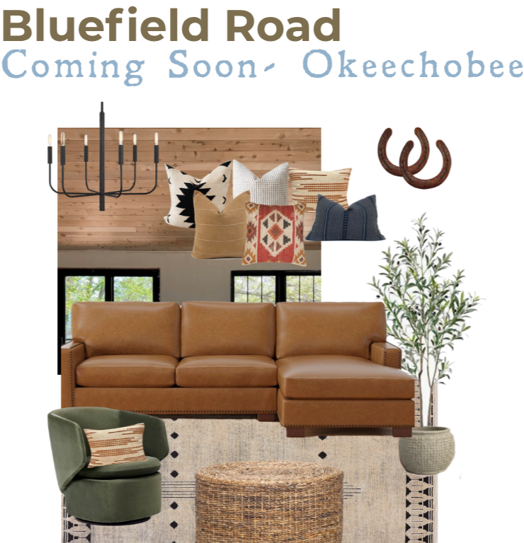 Decorative interior design with a tan leather sofa, a green accent chair with a patterned pillow, a round woven coffee table, a white rug, a potted plant, and various pillows and wall decorations, including a chandelier and a wall sculpture. The top announces "Bluefield Road Coming Soon - Okeechobee."