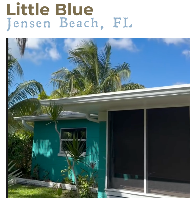 A small tropical house painted teal with a window and a screened porch, surrounded by lush green plants and palm trees under a partly cloudy sky.