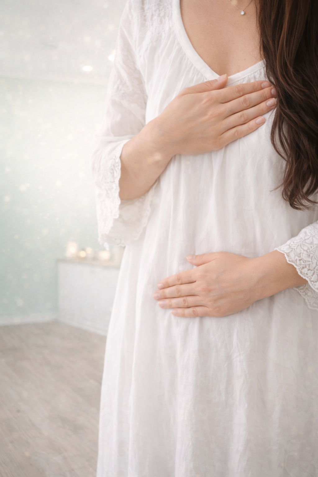 A woman in a white dress with lace sleeves holding her hand over her heart.