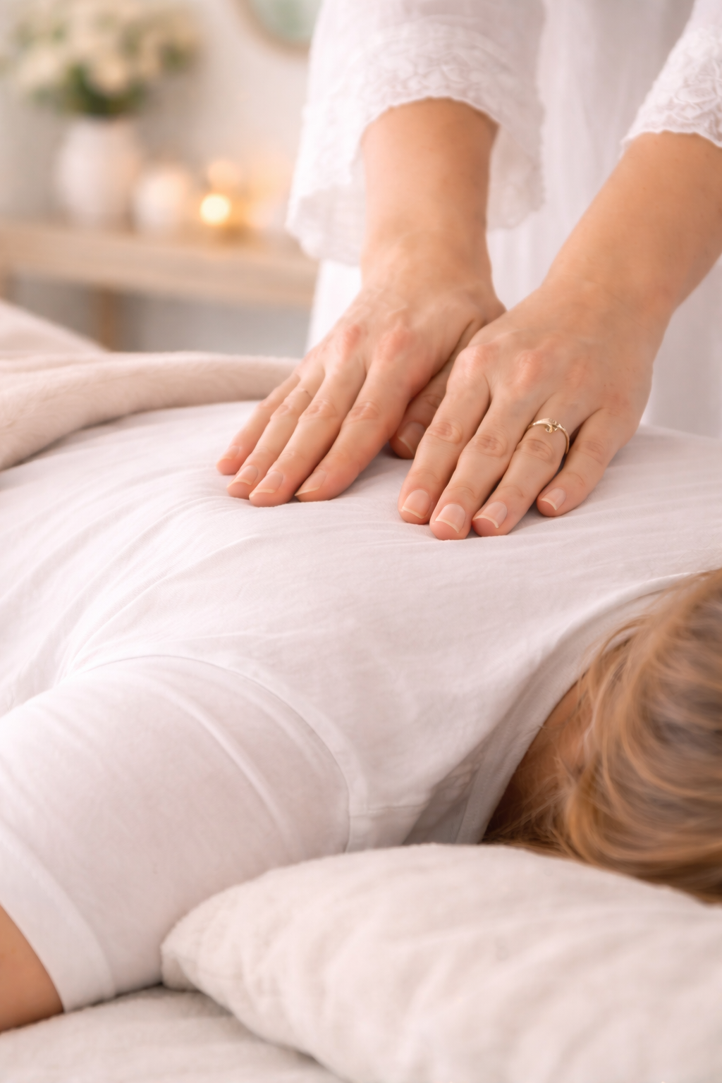 Person receiving a massage on their back in a tranquil, softly lit room.